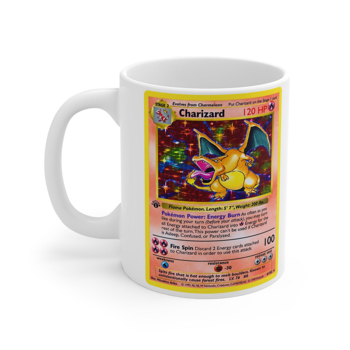 Side view of white ceramic mug showing the space between the Charizard card artwork and blue Pokémon card-back design.