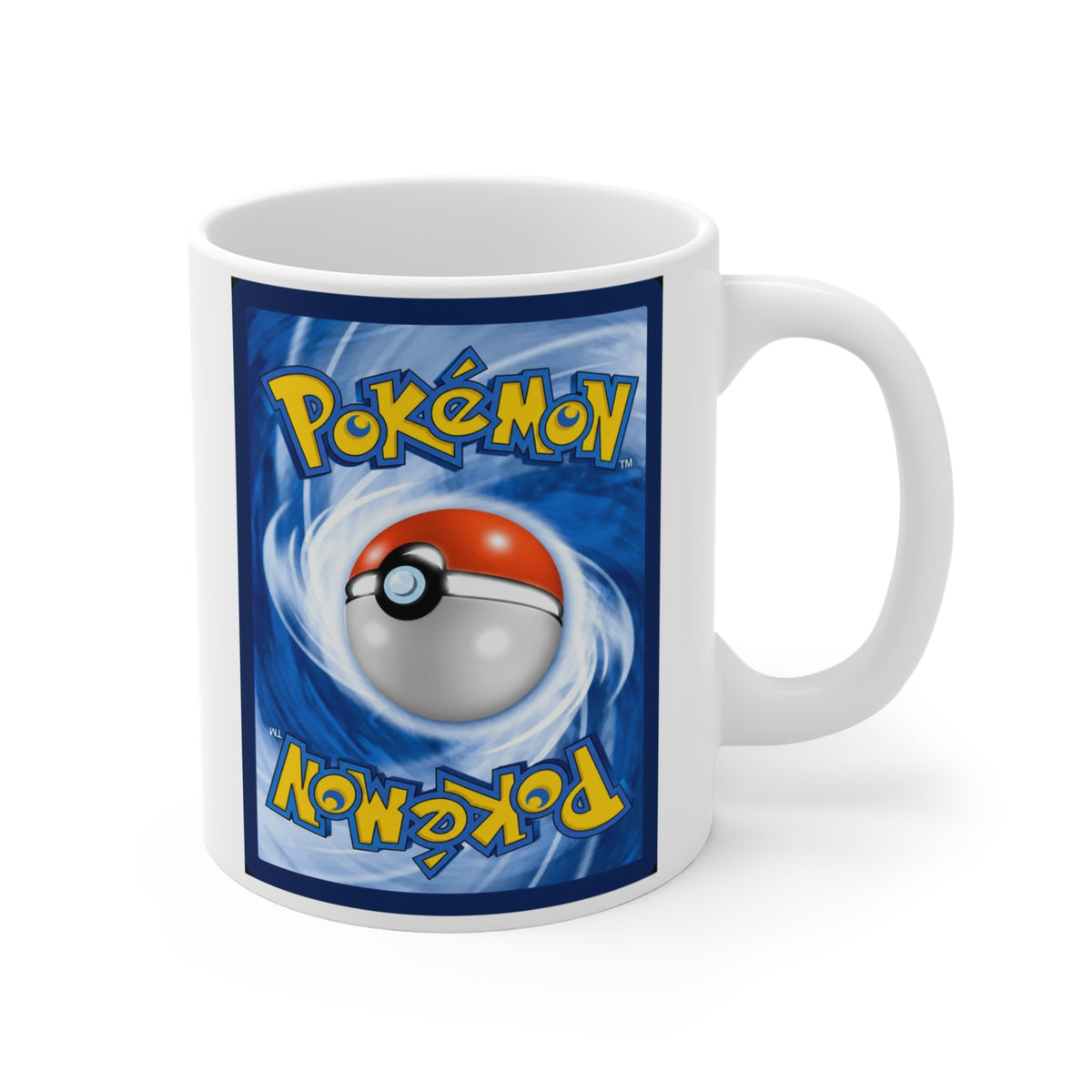 White mug featuring blue Pokémon card-back artwork with a central Poké Ball and handle on the right.