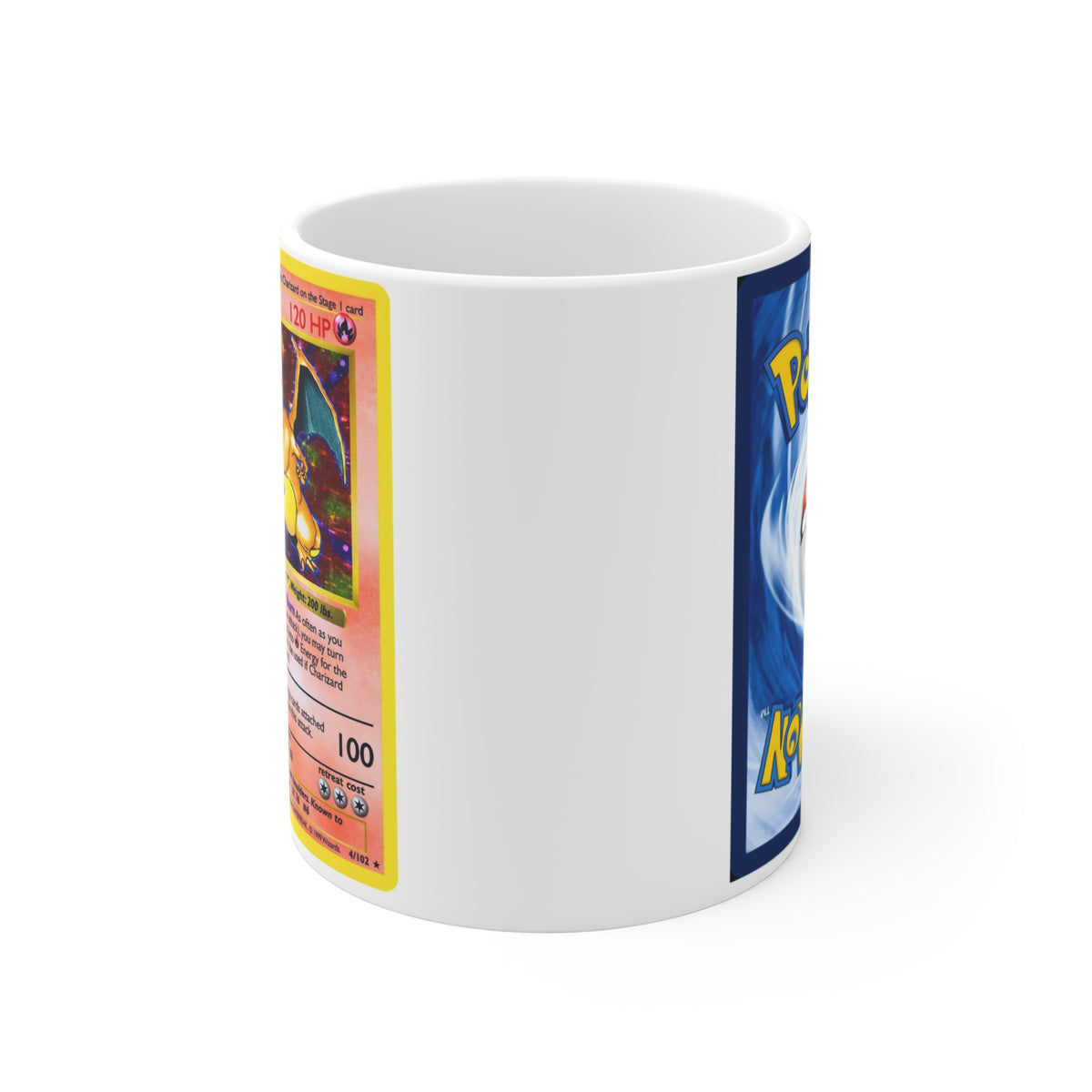 White mug with Charizard trading card artwork, yellow border, printed 120 HP detail, and handle on the left.