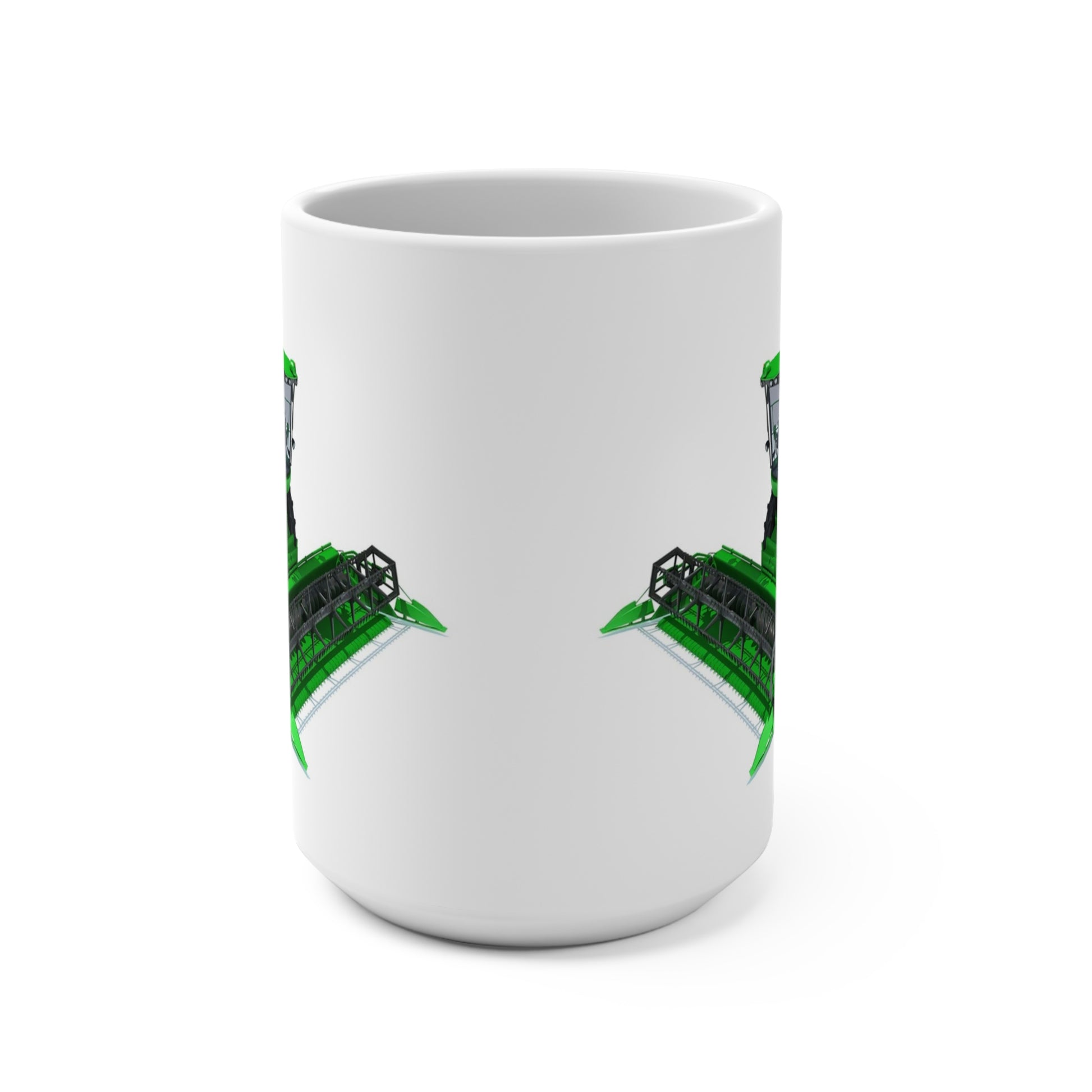 15 oz white ceramic coffee mug featuring a realistic green combine harvester with large header and yellow wheels on a white background.