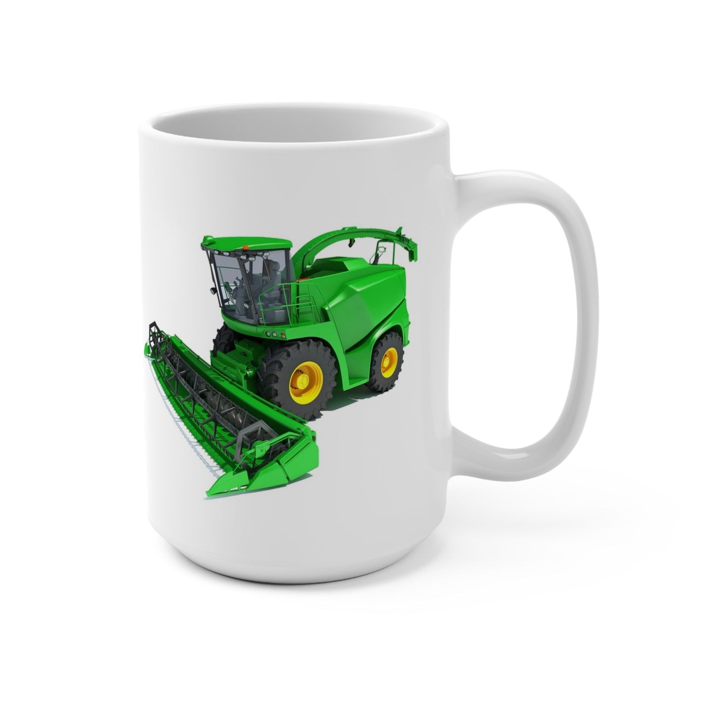 15 oz white ceramic coffee mug featuring a realistic green combine harvester with large header and yellow wheels on a white background.