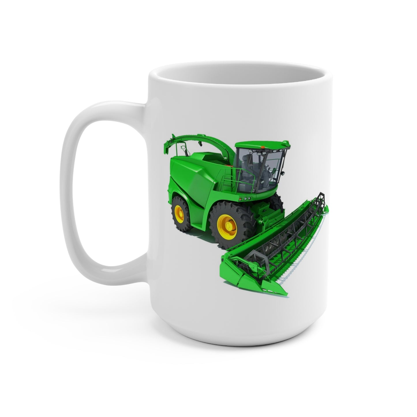 15 oz white ceramic coffee mug featuring a realistic green combine harvester with large header and yellow wheels on a white background.