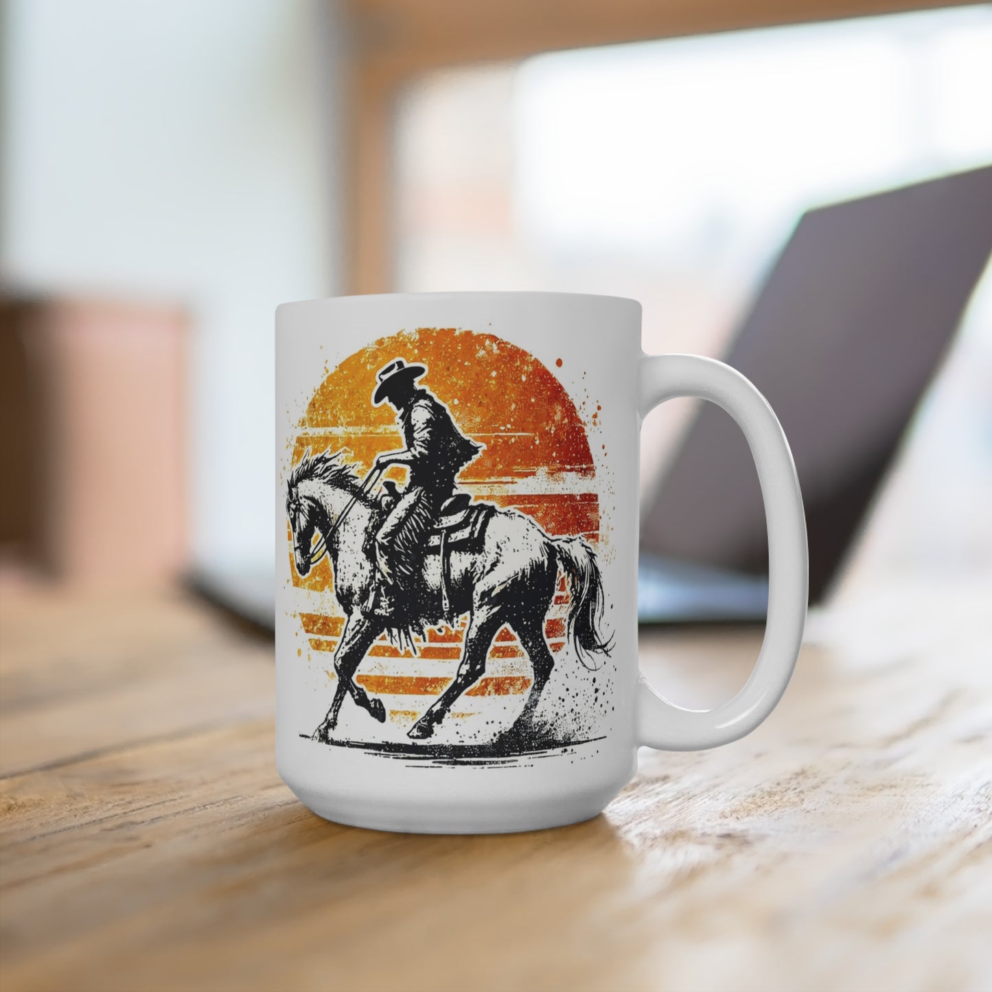 Saddle up your coffee routine with this 15 oz white ceramic cowboy coffee mug, featuring a distressed vintage western illustration of a cowboy riding a bucking …
