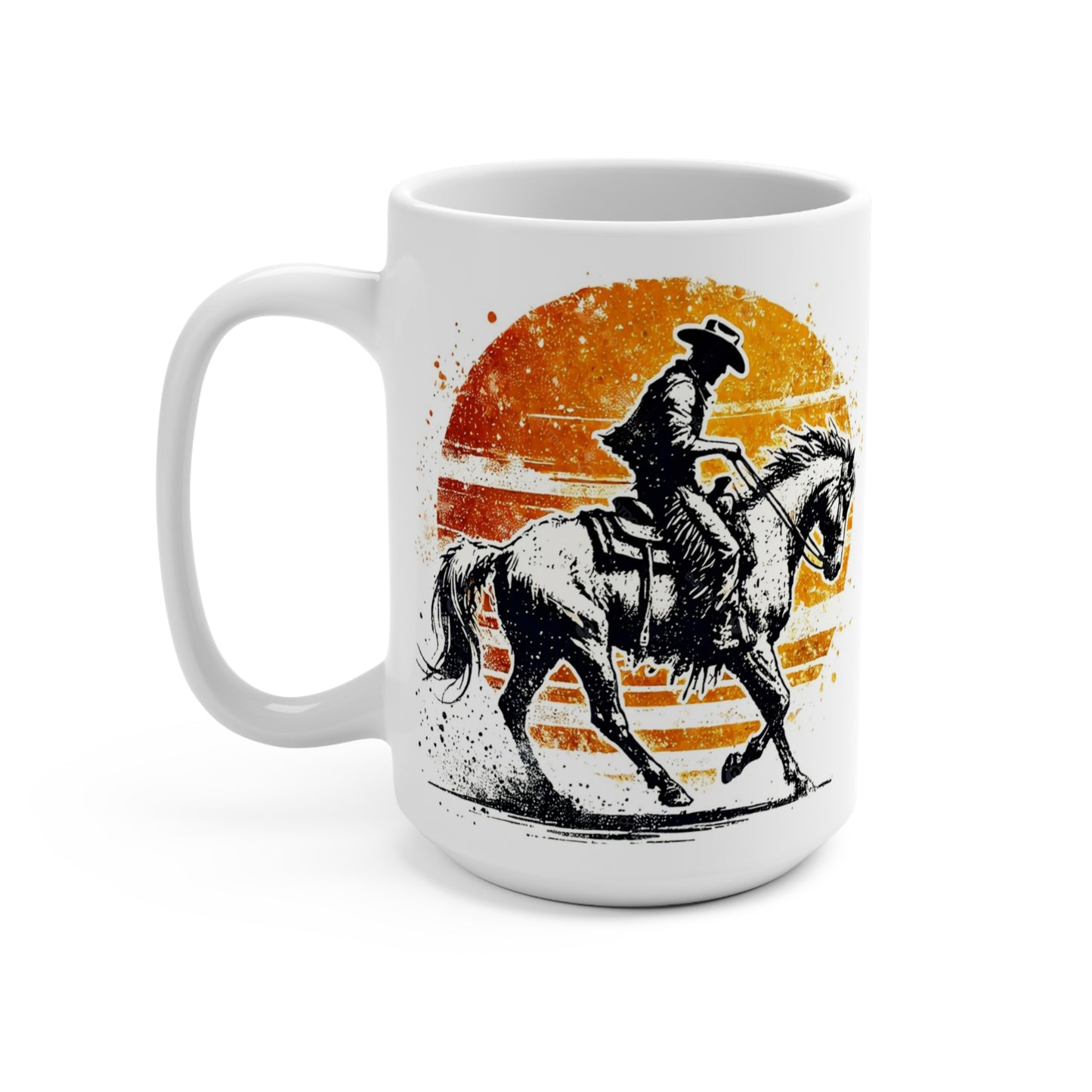Saddle up your coffee routine with this 15 oz white ceramic cowboy coffee mug, featuring a distressed vintage western illustration of a cowboy riding a bucking