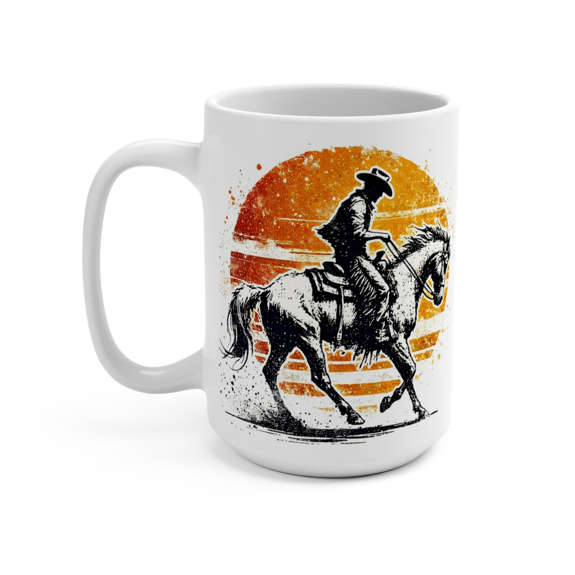Saddle up your coffee routine with this 15 oz white ceramic cowboy coffee mug, featuring a distressed vintage western illustration of a cowboy riding a bucking
