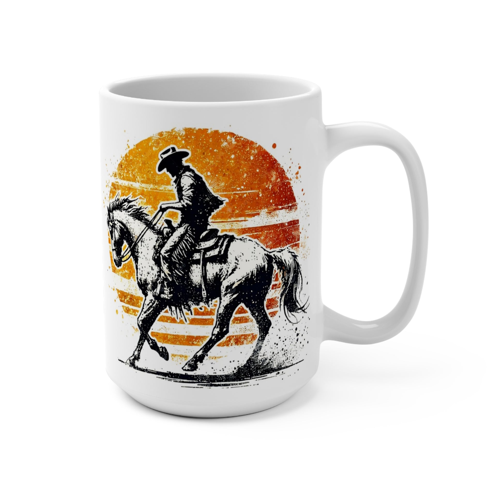 Saddle up your coffee routine with this 15 oz white ceramic cowboy coffee mug, featuring a distressed vintage western illustration of a cowboy riding a bucking