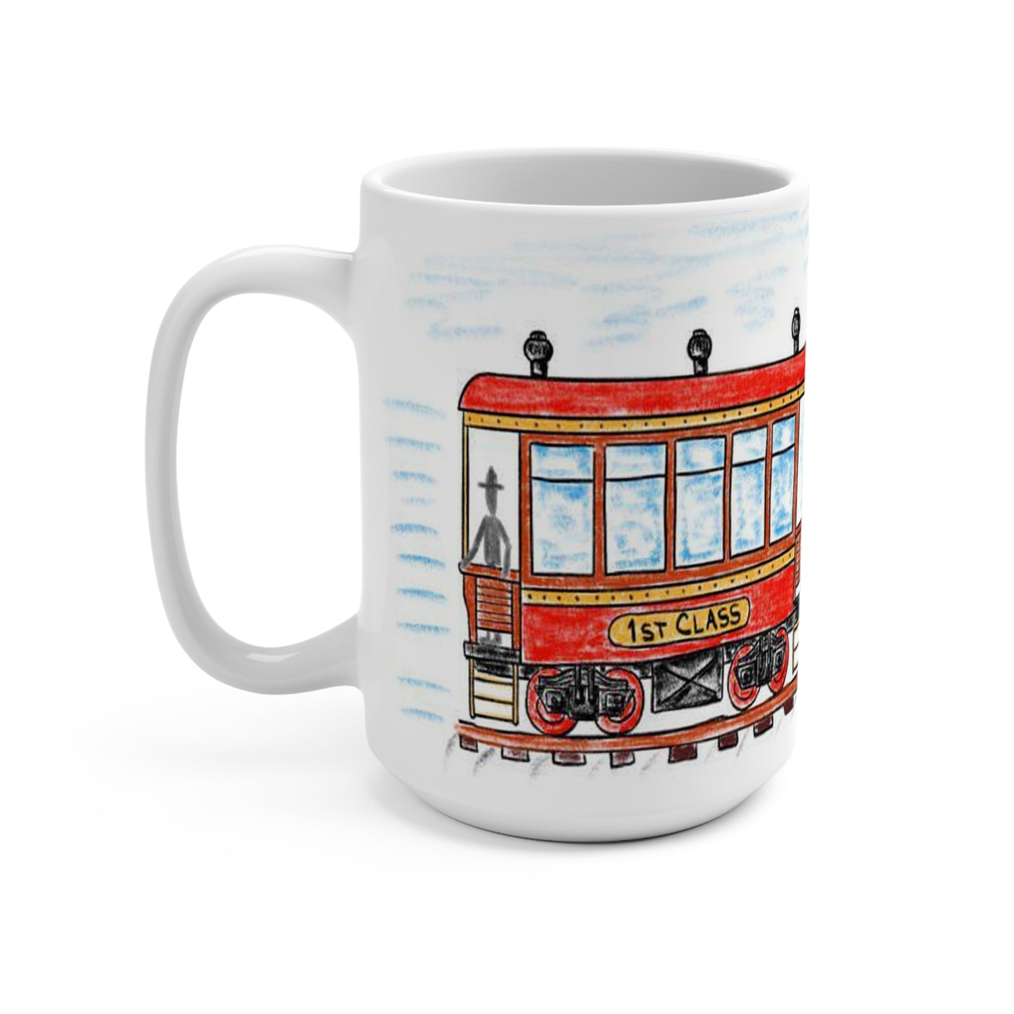 Adorable and cozy, this 15 oz white ceramic coffee mug features a whimsical, child-like hand-drawn illustration of a classic red steam train chugging along the …
