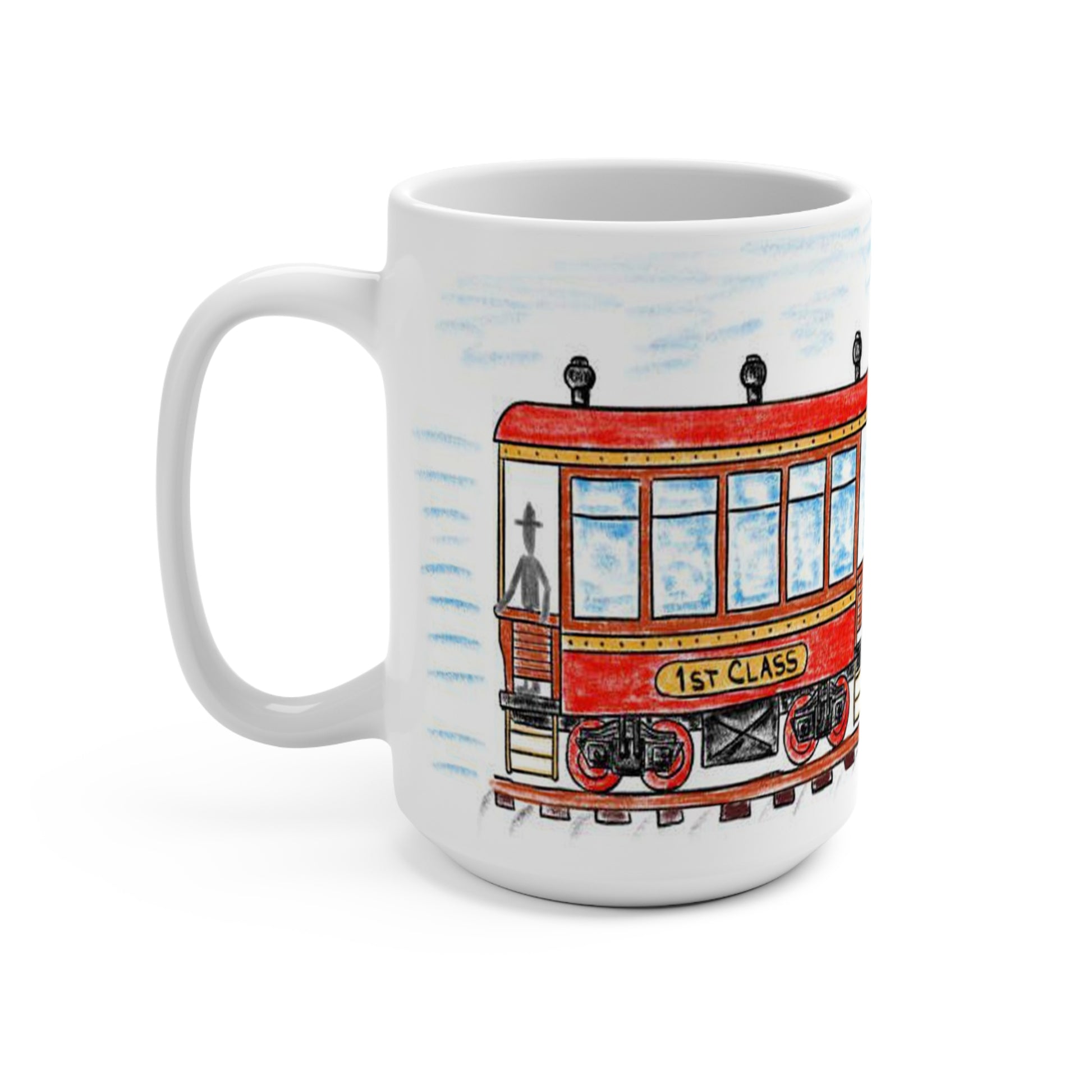 Adorable and cozy, this 15 oz white ceramic coffee mug features a whimsical, child-like hand-drawn illustration of a classic red steam train chugging along the …
