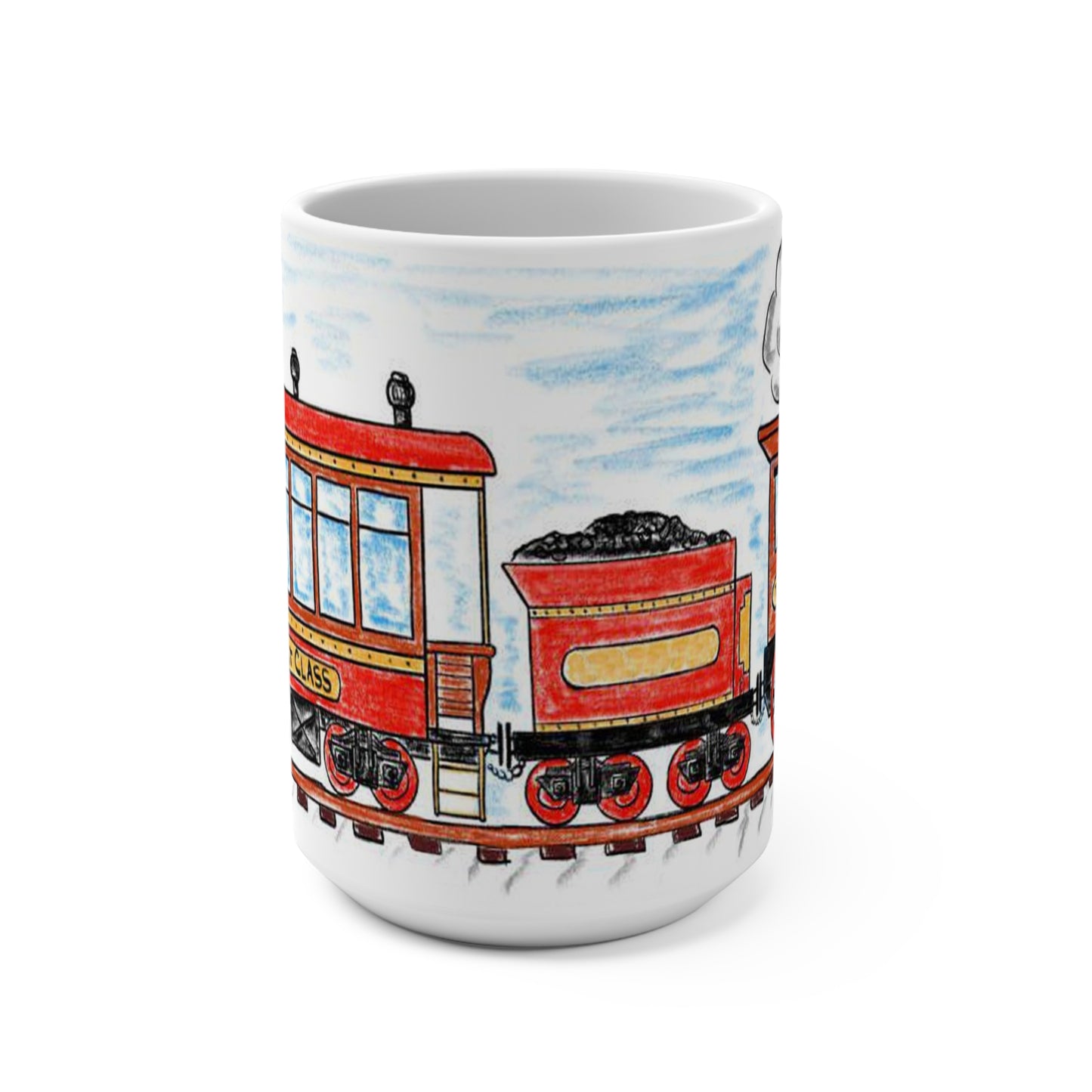 Adorable and cozy, this 15 oz white ceramic coffee mug features a whimsical, child-like hand-drawn illustration of a classic red steam train chugging along the …
