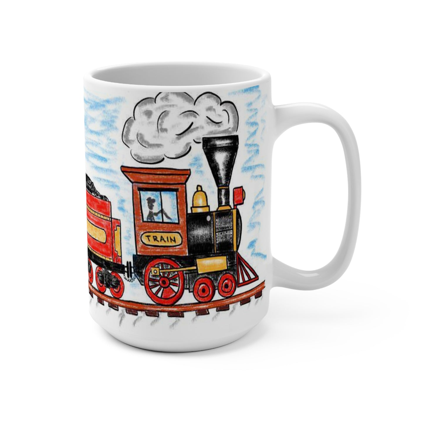 Adorable and cozy, this 15 oz white ceramic coffee mug features a whimsical, child-like hand-drawn illustration of a classic red steam train chugging along the …

