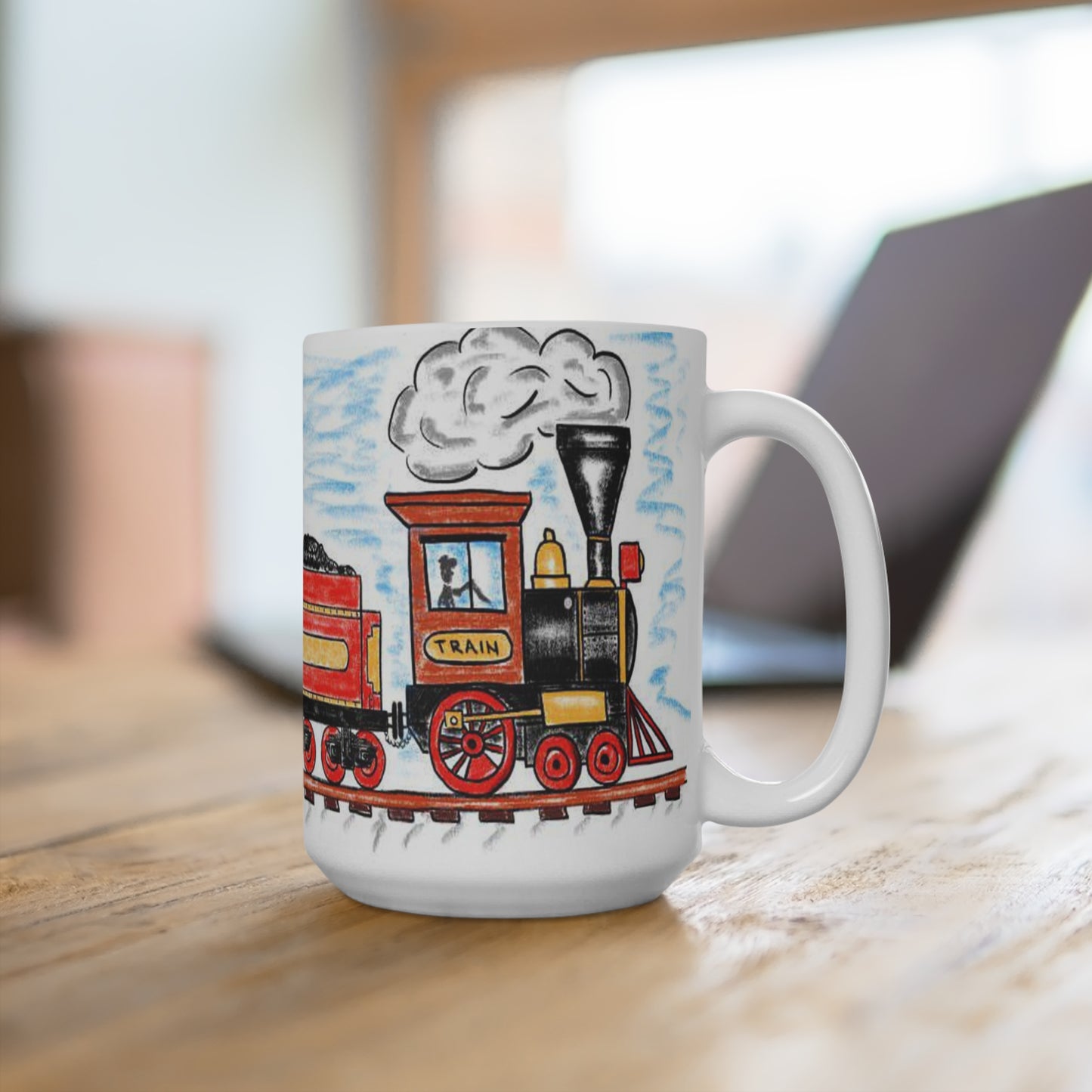 Adorable and cozy, this 15 oz white ceramic coffee mug features a whimsical, child-like hand-drawn illustration of a classic red steam train chugging along the …
