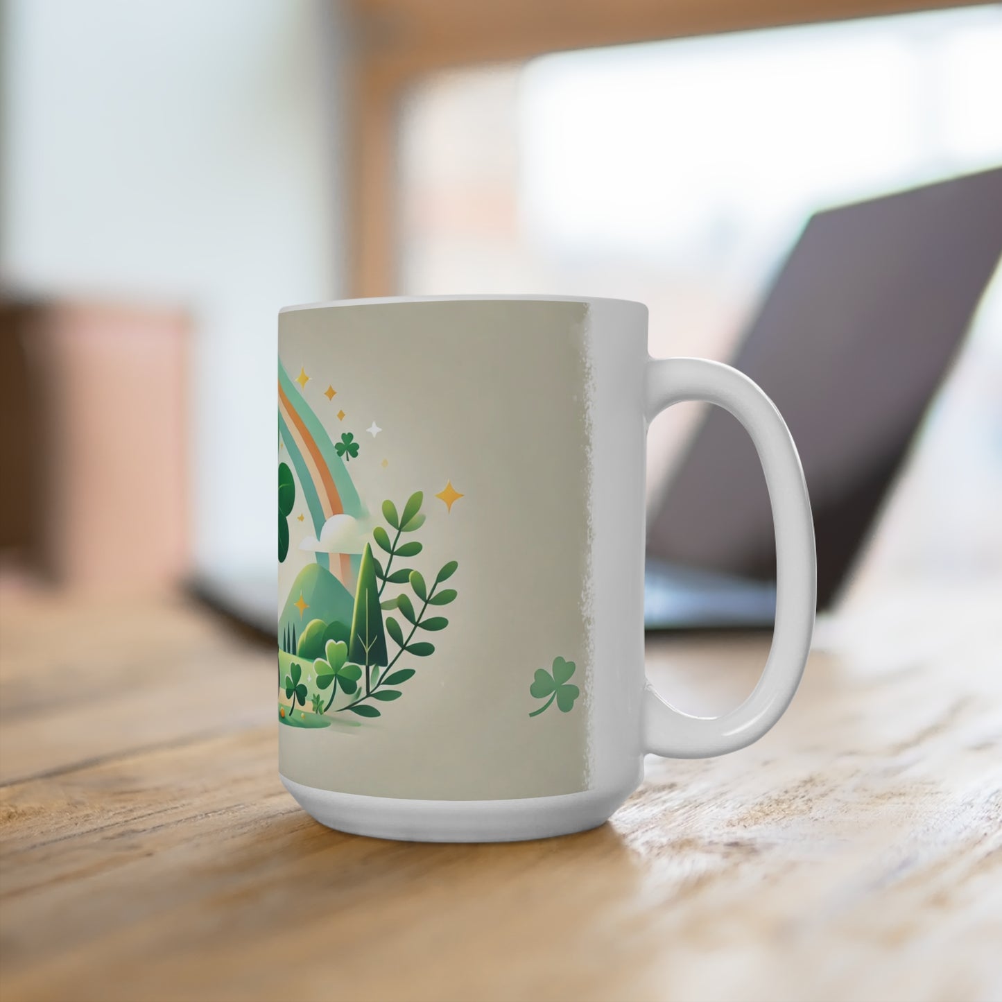 Festive Irish Coffee Mug Celebrate the joy of St. Patrick’s Day with this 15oz Coffee Mug featuring a vibrant shamrock, rainbow, and pot of gold design