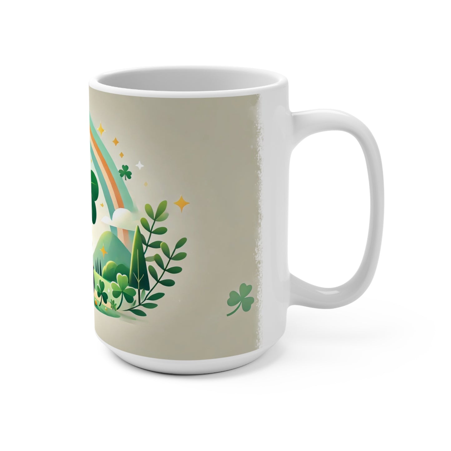 Festive Irish Coffee Mug Celebrate the joy of St. Patrick’s Day with this 15oz Coffee Mug featuring a vibrant shamrock, rainbow, and pot of gold design