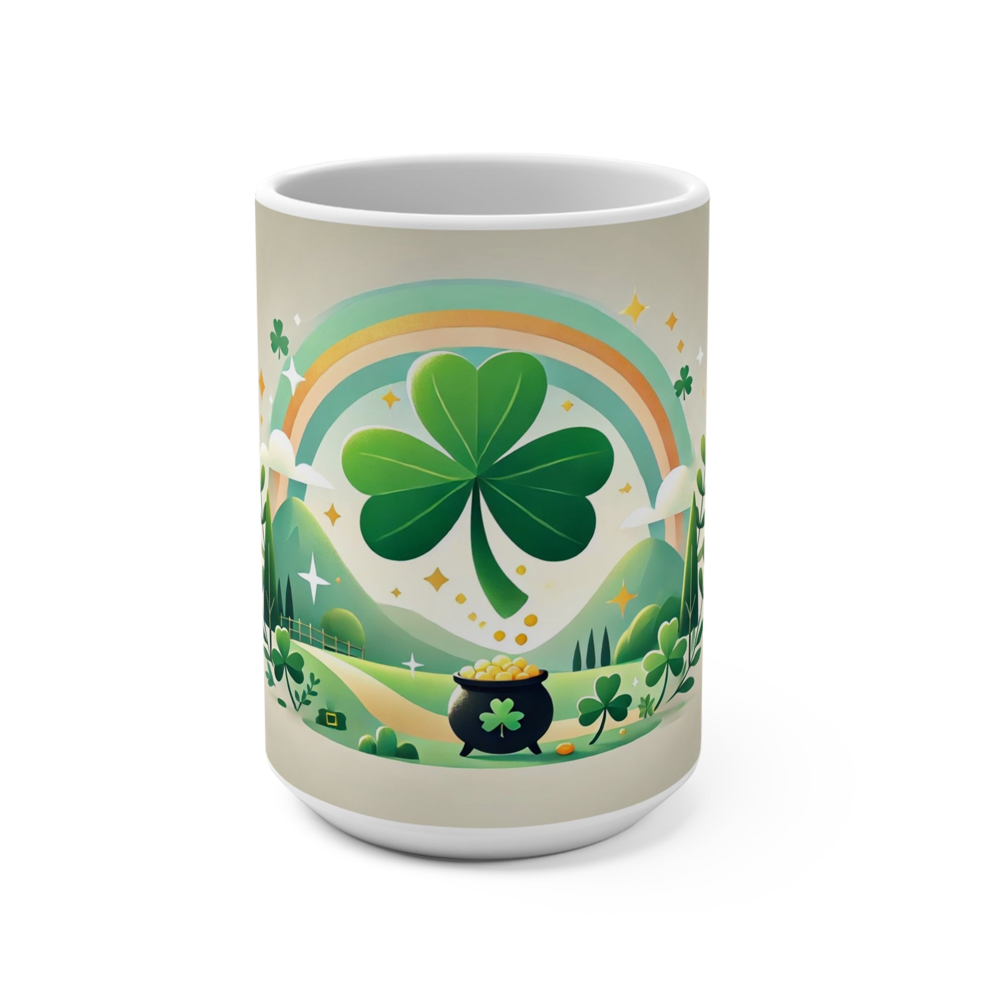 Festive Irish Coffee Mug Celebrate the joy of St. Patrick’s Day with this 15oz Coffee Mug featuring a vibrant shamrock, rainbow, and pot of gold design