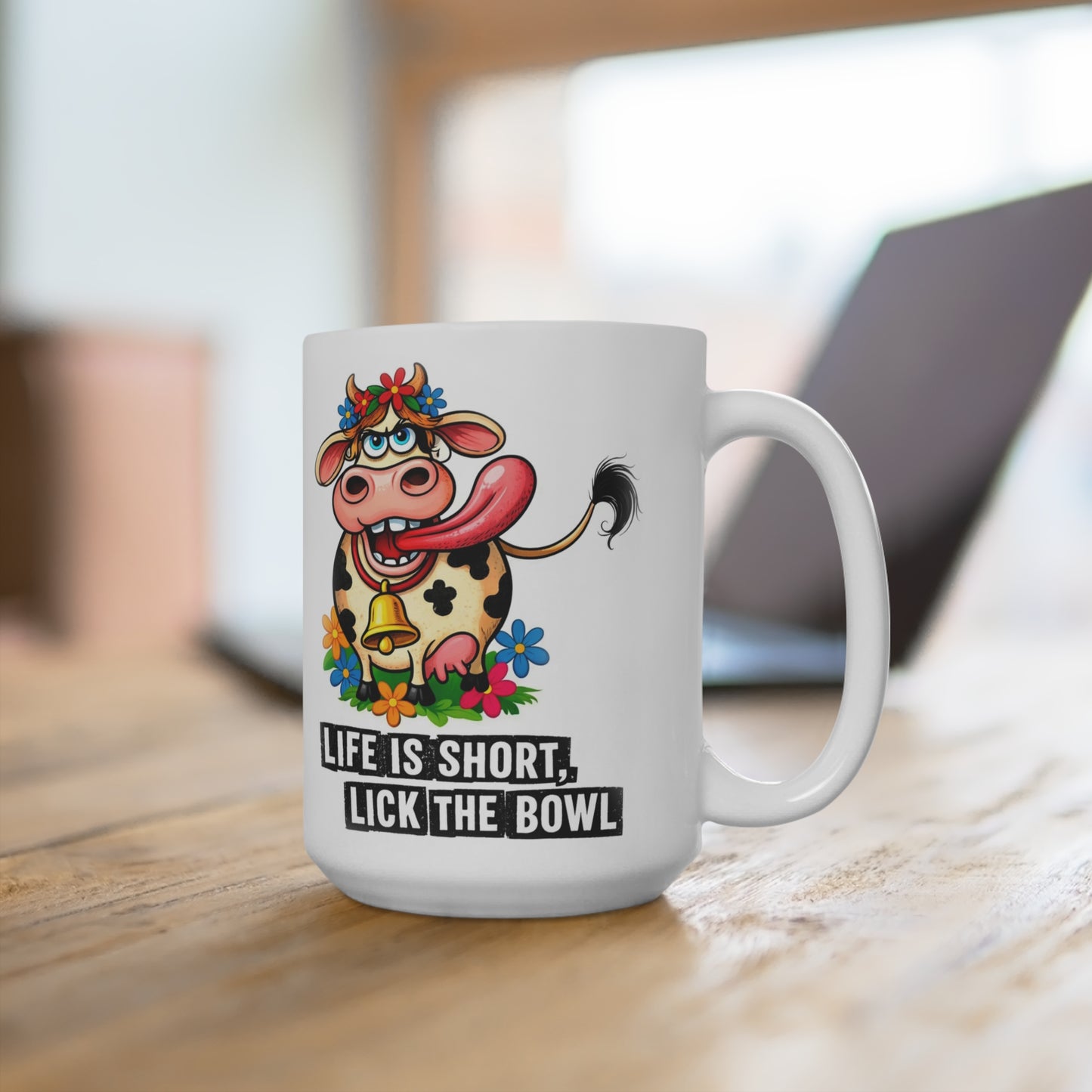 15 oz funny cow mug with lick the bowl phrase