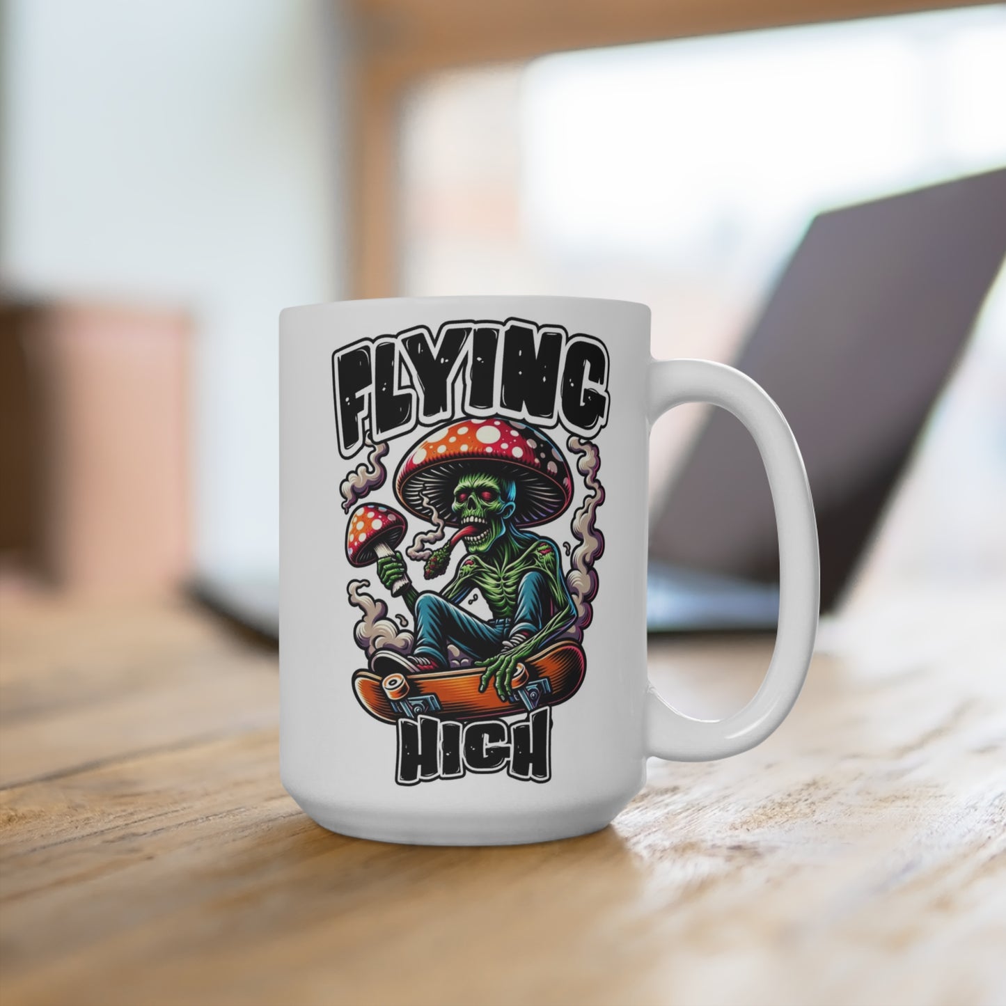 Psychedelic skeleton mushroom flying high novelty coffee mug