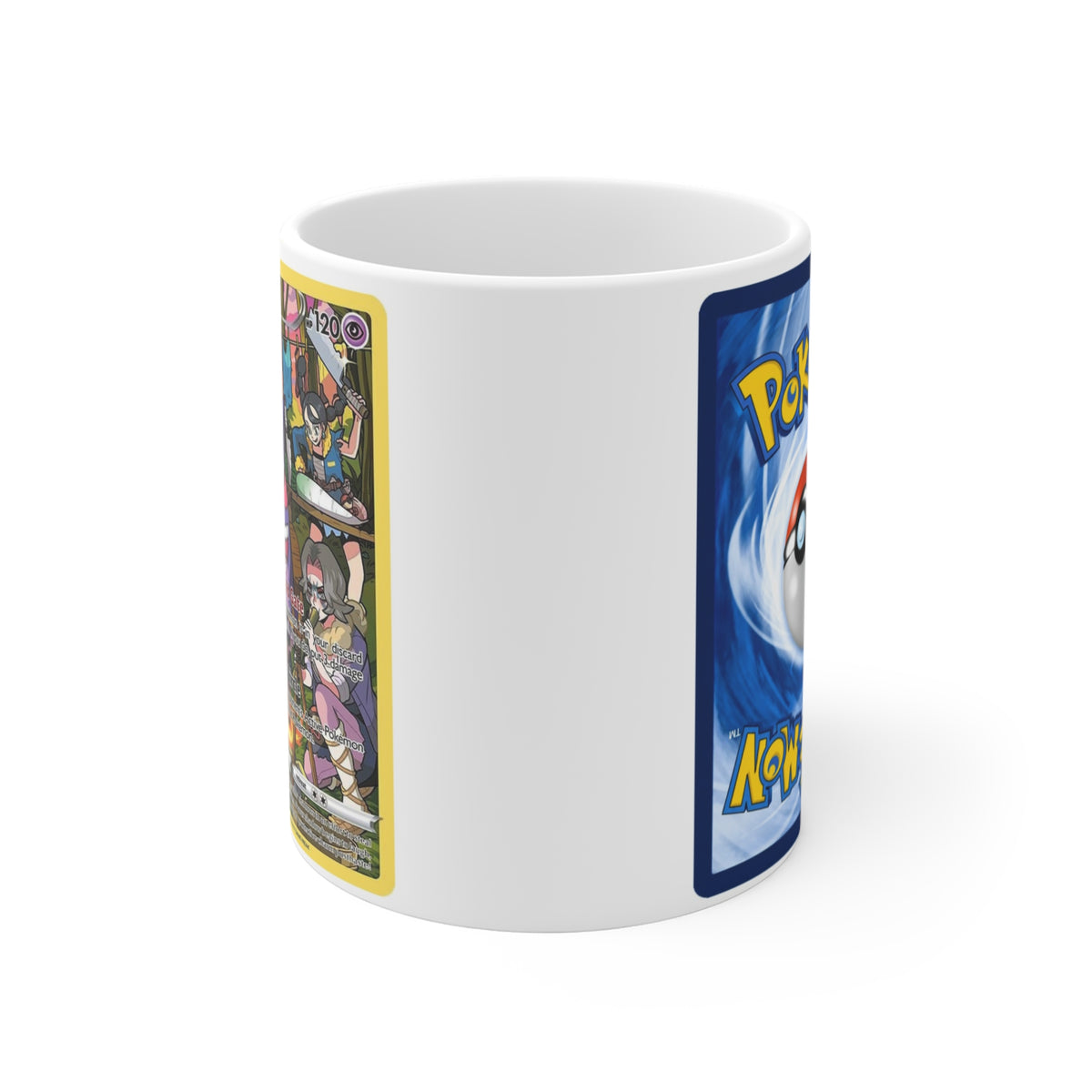 Side view of white Gengar mug showing the space between yellow-bordered trading card artwork and blue Pokémon card-back imagery.
