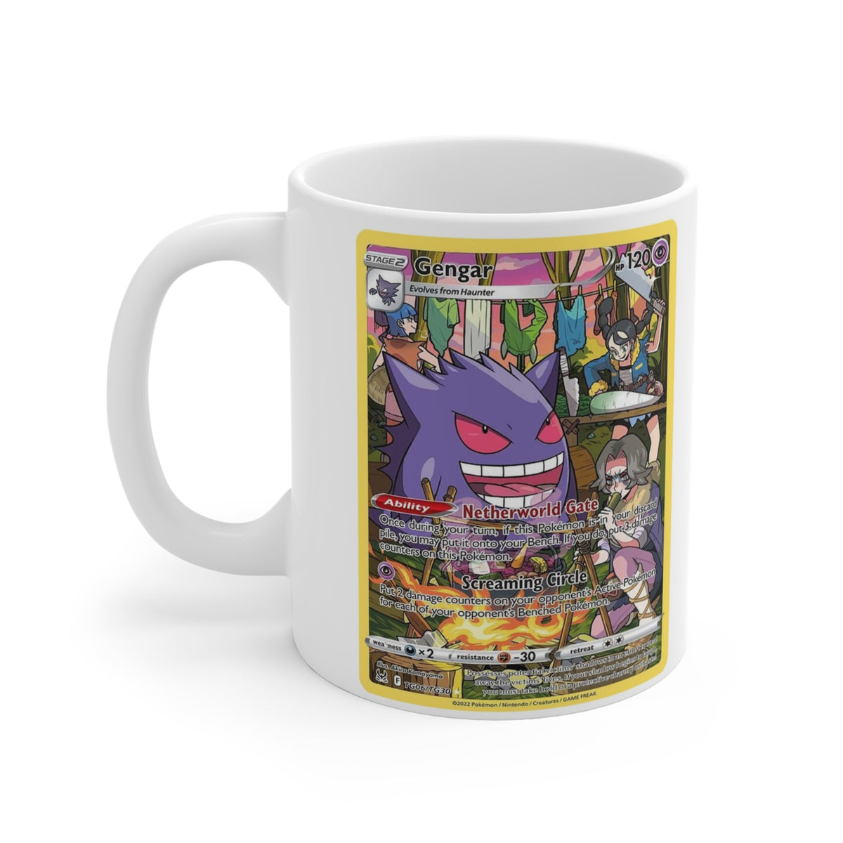White ceramic mug with Gengar trading card artwork, a yellow border, and the handle on the left.