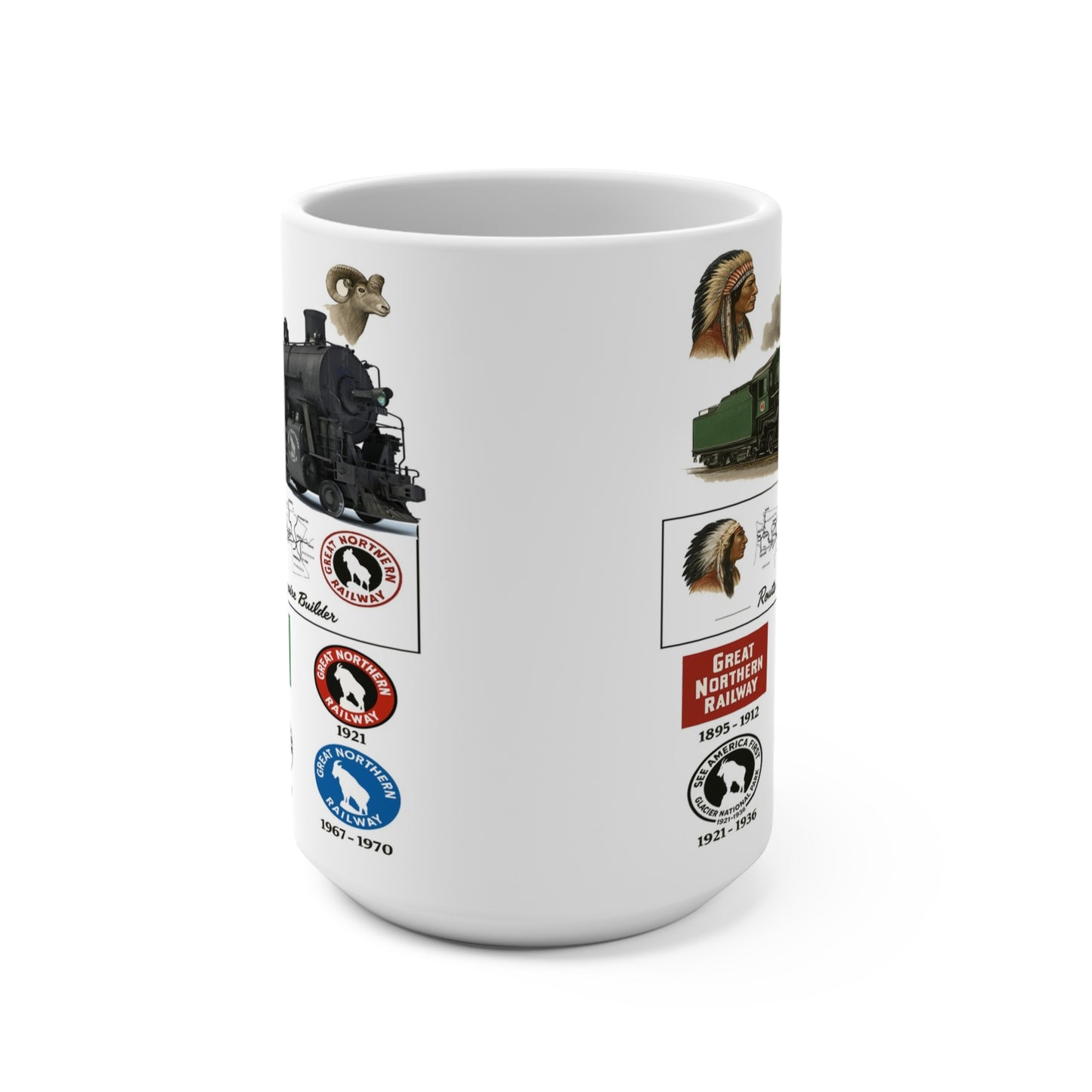 Great Northern Railway 15 oz coffee mug by MugsArtStore, vintage train logos and Route of the West Empire Builder design for railroad fans and train history collectors.