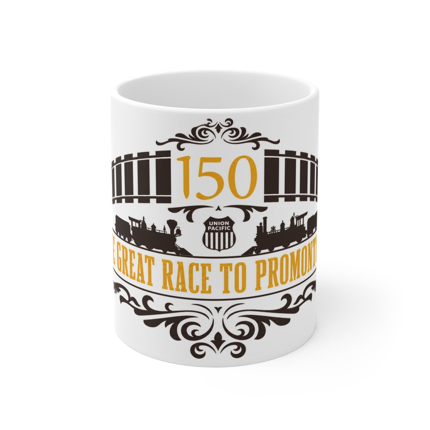 Front view of a white Great Race to Promontory coffee mug featuring a gold 150, Union Pacific shield, steam locomotives, railroad tracks, and anniversary artwork