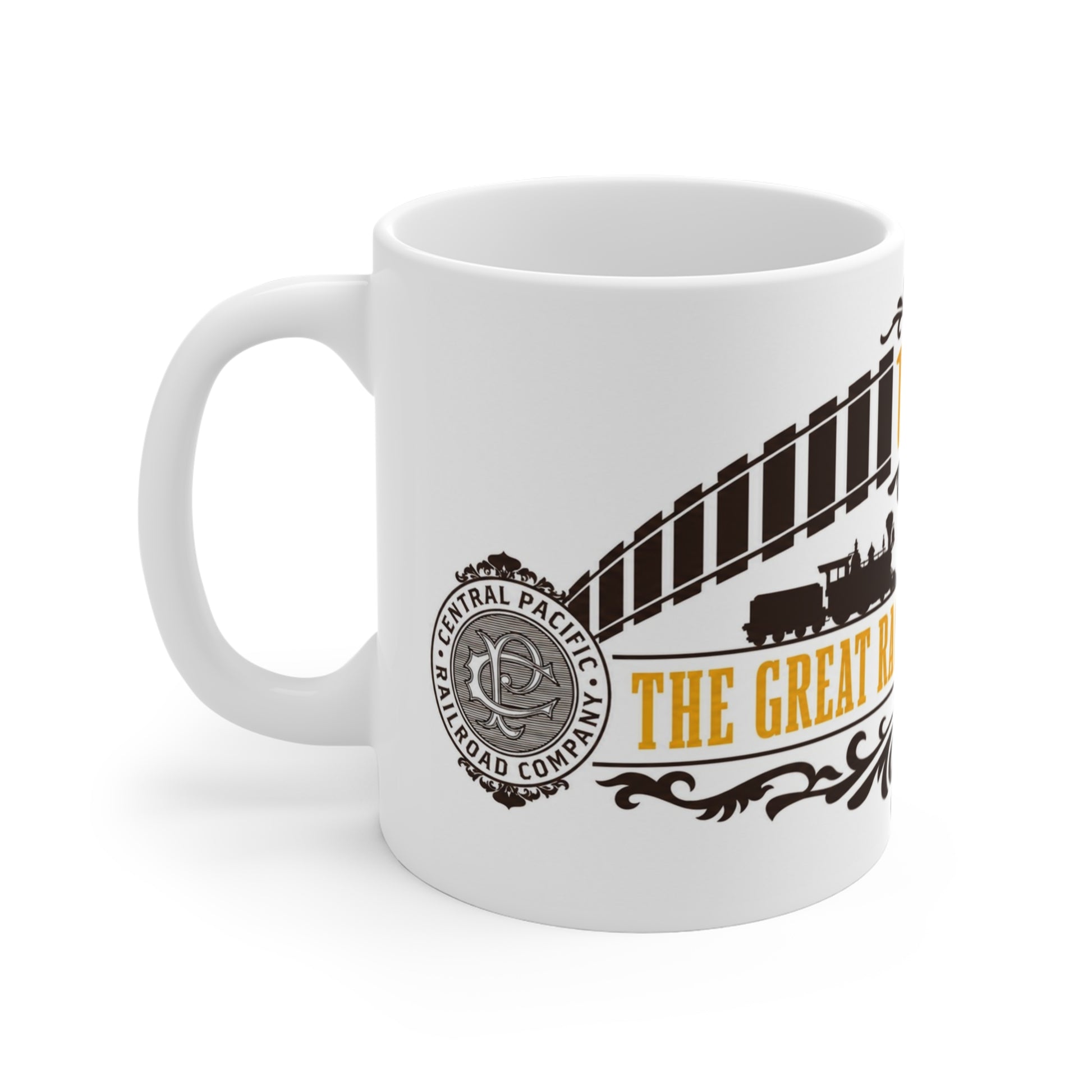 Left-handle view of the Great Race to Promontory mug displaying a vintage-style Central Pacific Railroad Company emblem and wraparound railway design.