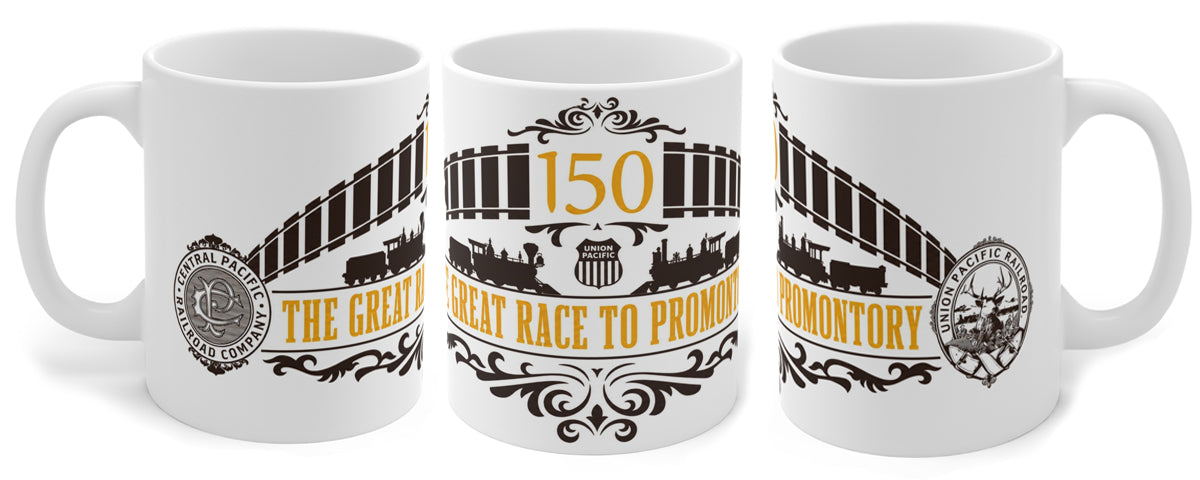 Three views of the Great Race to Promontory 150th anniversary railroad mug displayed together on a clean white background.