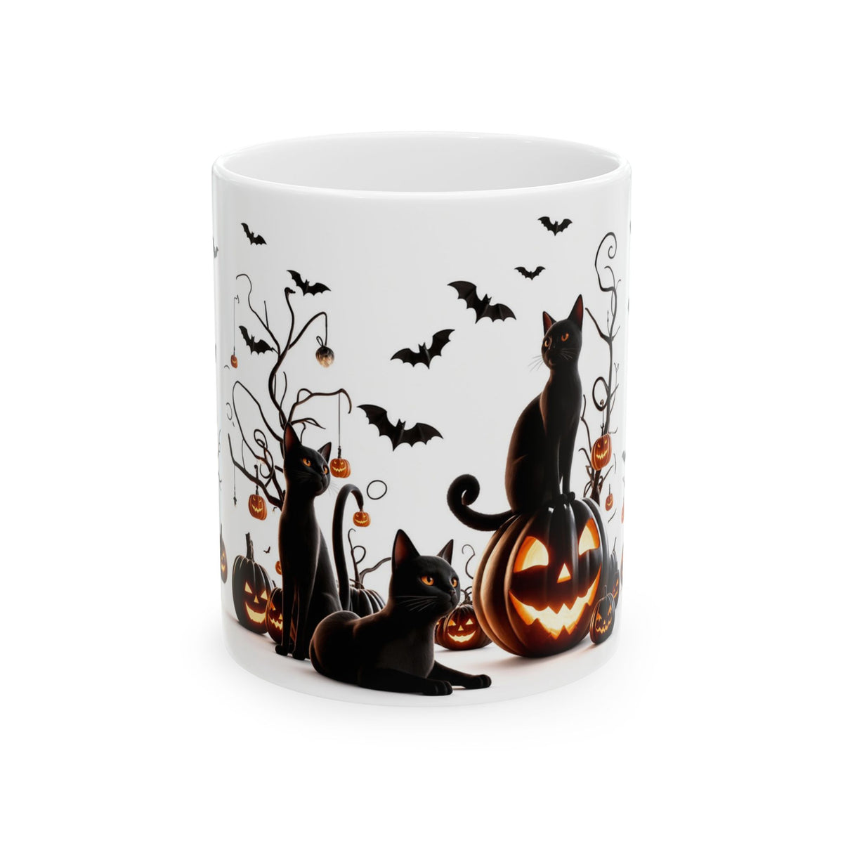 White Halloween coffee mug featuring three black cats, glowing jack-o’-lantern artwork, flying bats, and twisting trees.