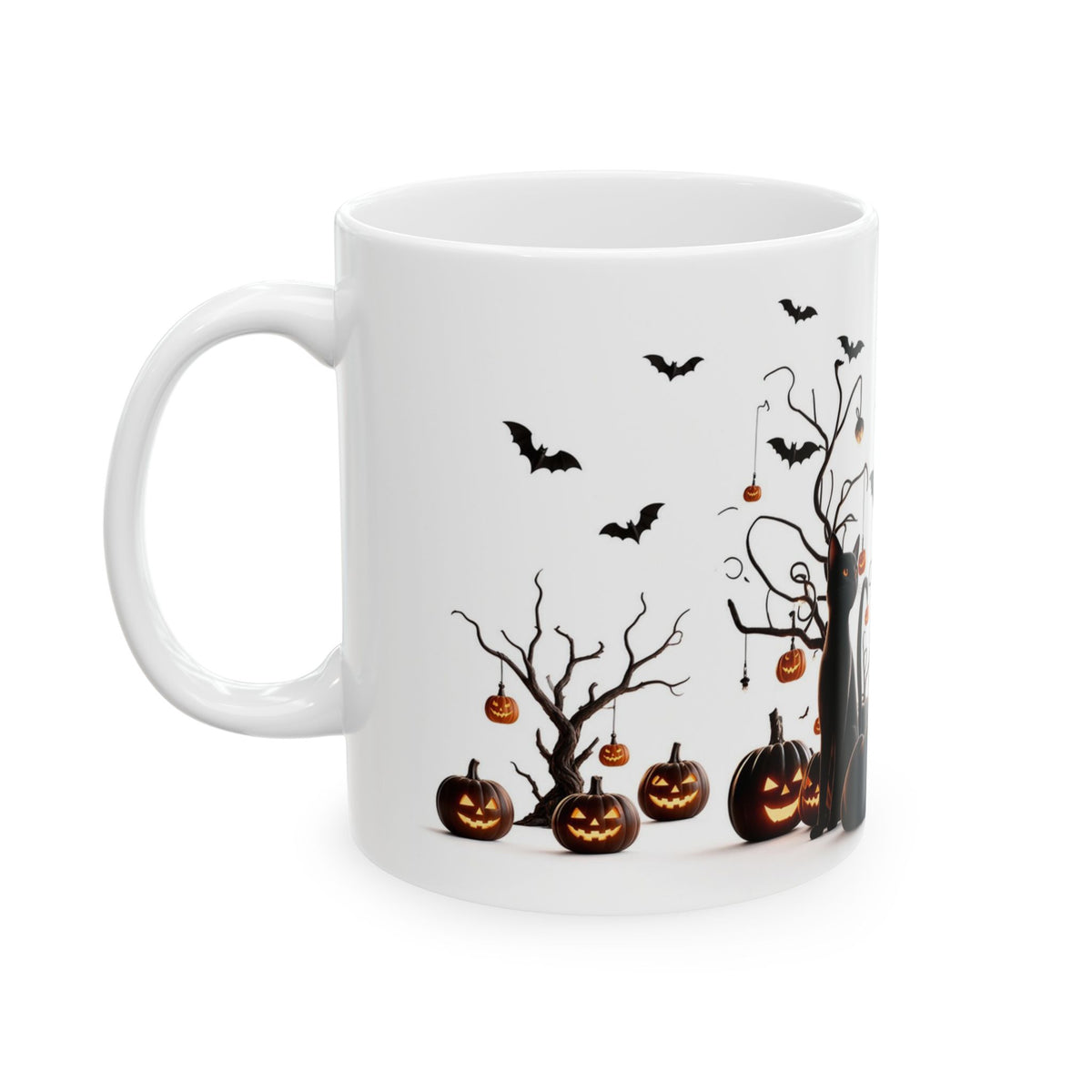 Left handle view of Halloween mug with pumpkin ornaments hanging from bare branches, jack-o’-lanterns, and bats.