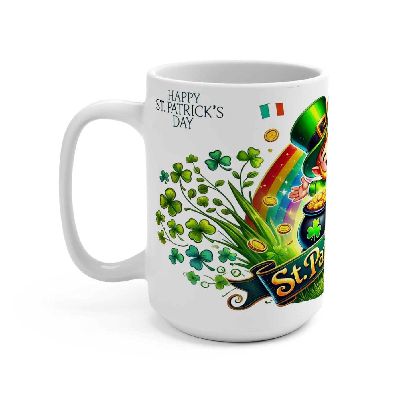Celebrate Happy St. Patrick's Day Coffee Mug every morning with this vibrant 15 oz coffee mug featuring a cheerful leprechaun, pot of gold, and a dazzling rainbow surrounded by lush green shamrocks