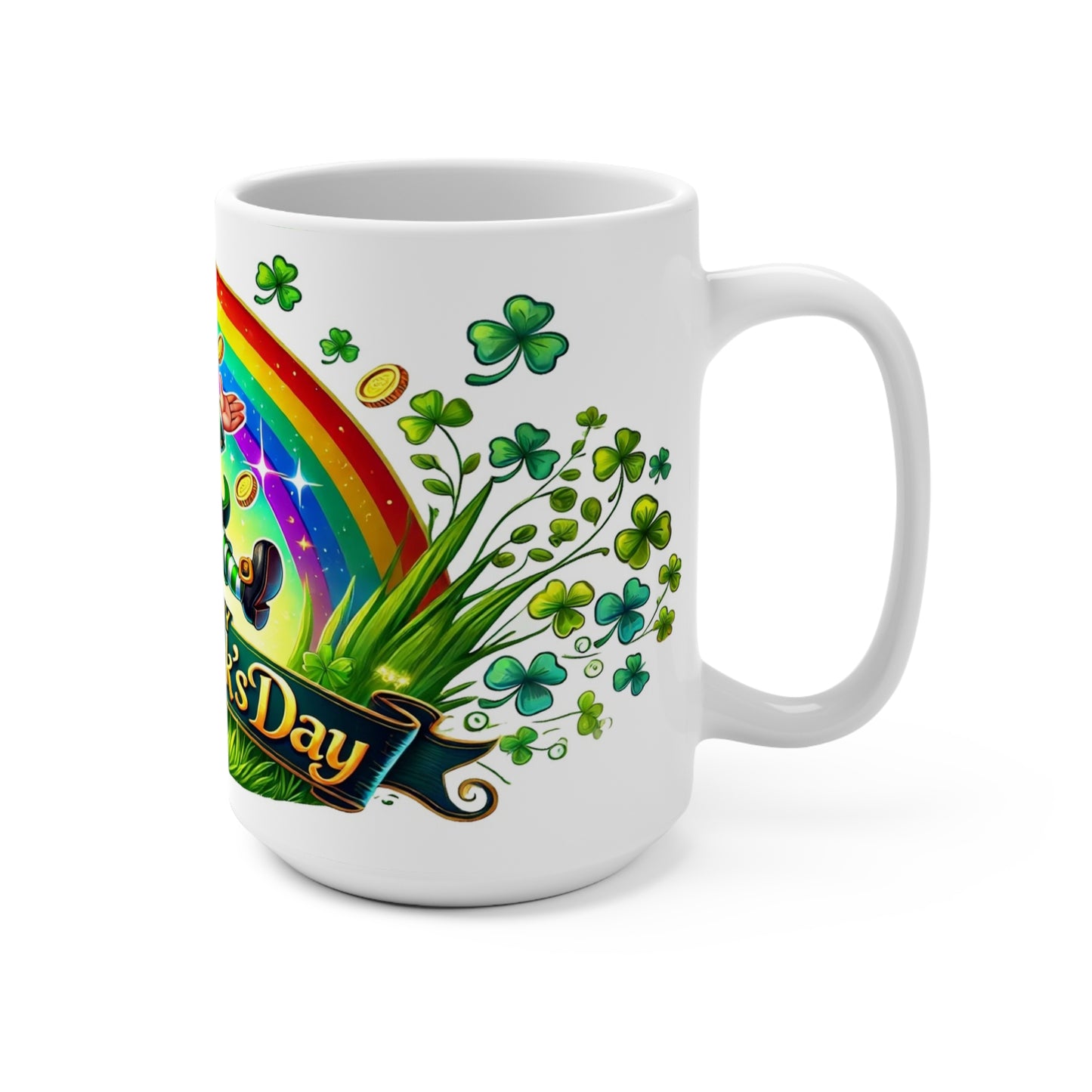 Celebrate Happy St. Patrick's Day Coffee Mug every morning with this vibrant 15 oz coffee mug featuring a cheerful leprechaun, pot of gold, and a dazzling rainbow surrounded by lush green shamrocks