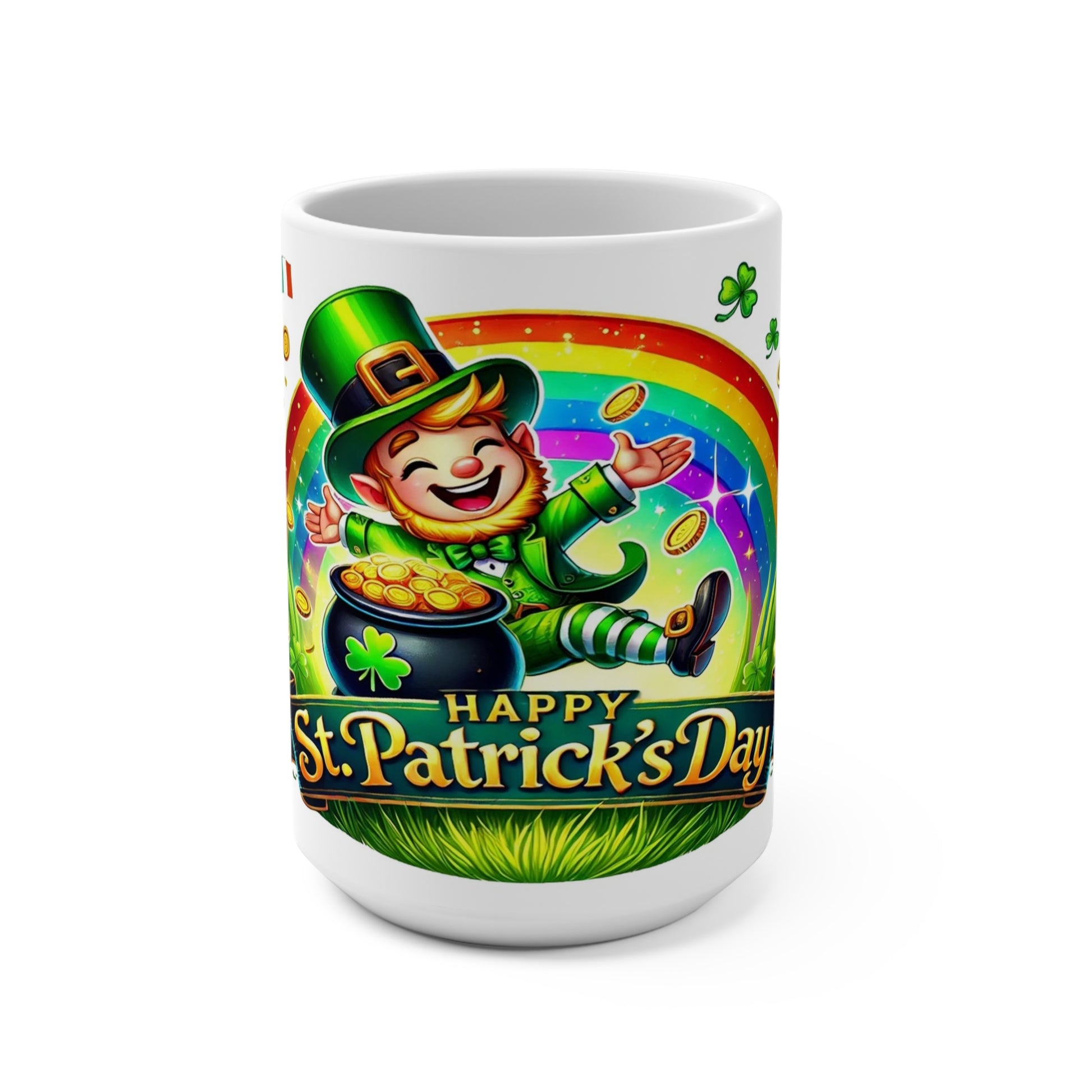 Celebrate Happy St. Patrick's Day Coffee Mug every morning with this vibrant 15 oz coffee mug featuring a cheerful leprechaun, pot of gold, and a dazzling rainbow surrounded by lush green shamrocks