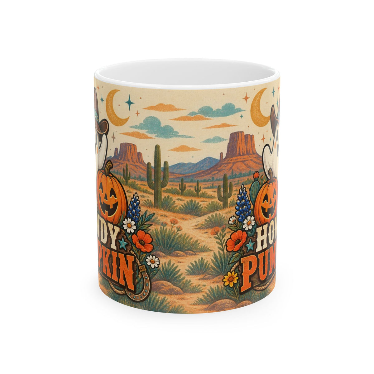 Left handle view of Howdy Pumpkin mug featuring a cowboy-hat ghost beside a jack-o’-lantern and desert wildflowers.