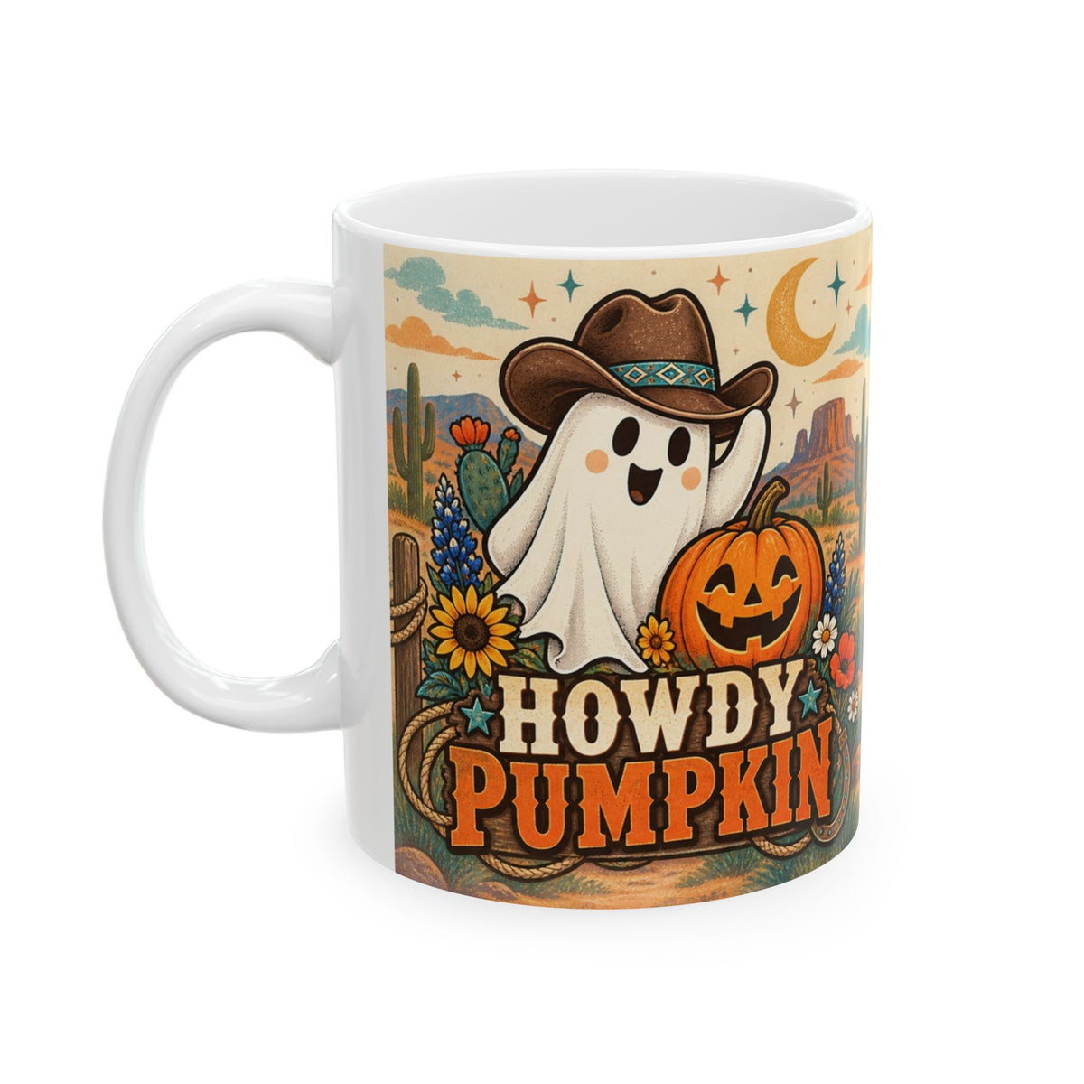 Right handle view of Howdy Pumpkin mug with a ghost wearing a flower-trimmed cowboy hat, pumpkin, and Western lettering.