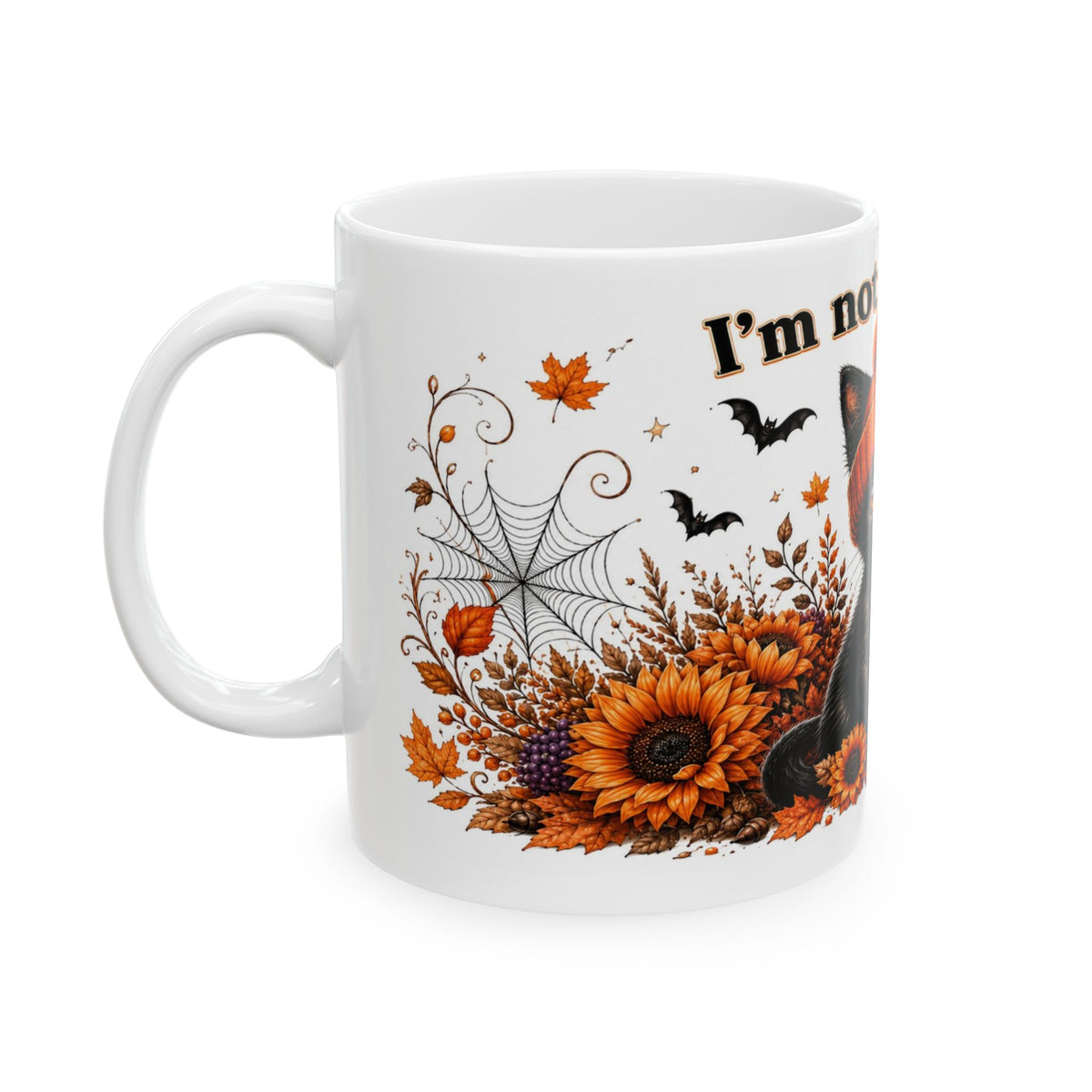 Left handle view of black cat Halloween mug showing orange sunflowers, autumn leaves, bats, and a spiderweb.