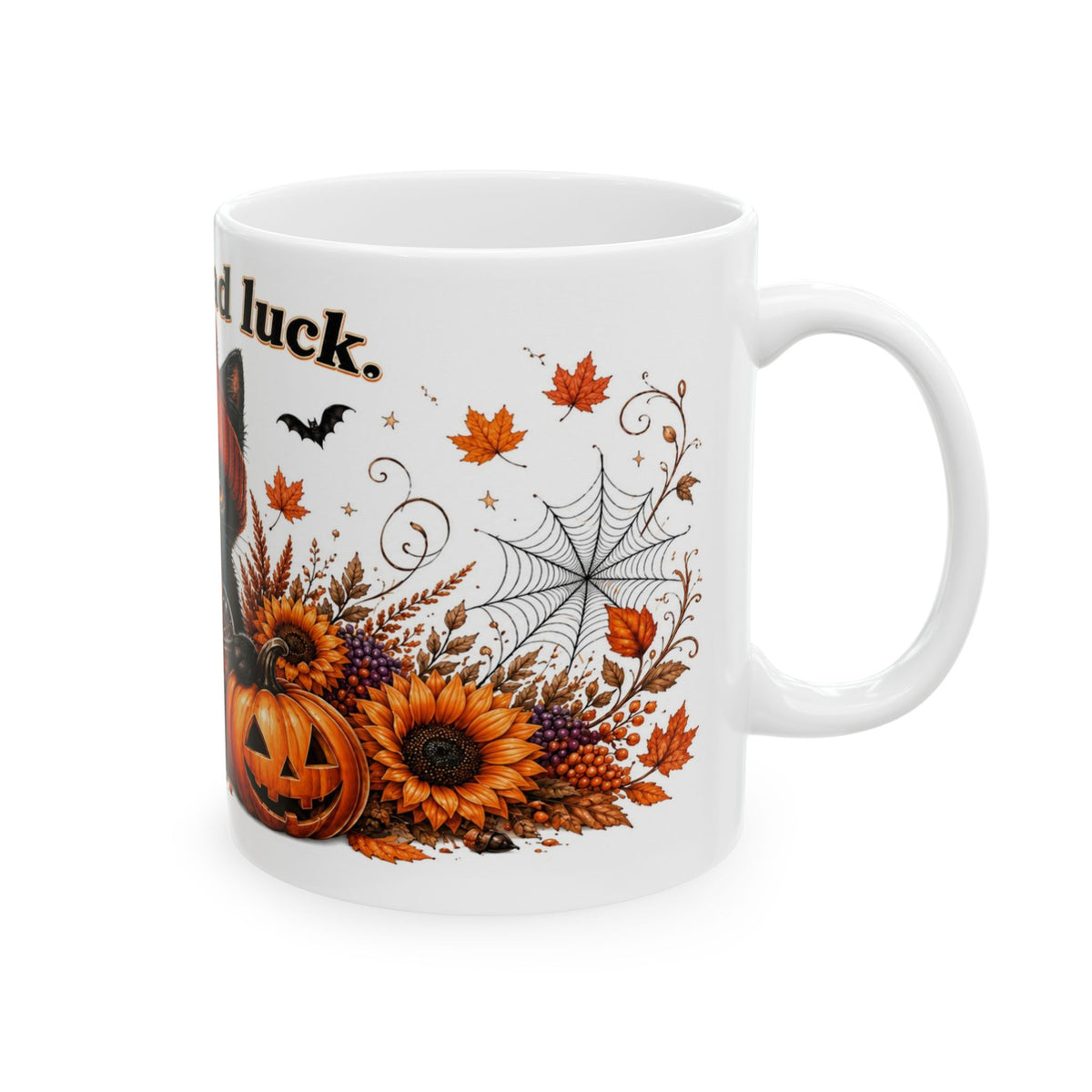 Right handle view of black cat mug with a jack-o’-lantern, orange sunflowers, berries, fall leaves, and spiderweb artwork.