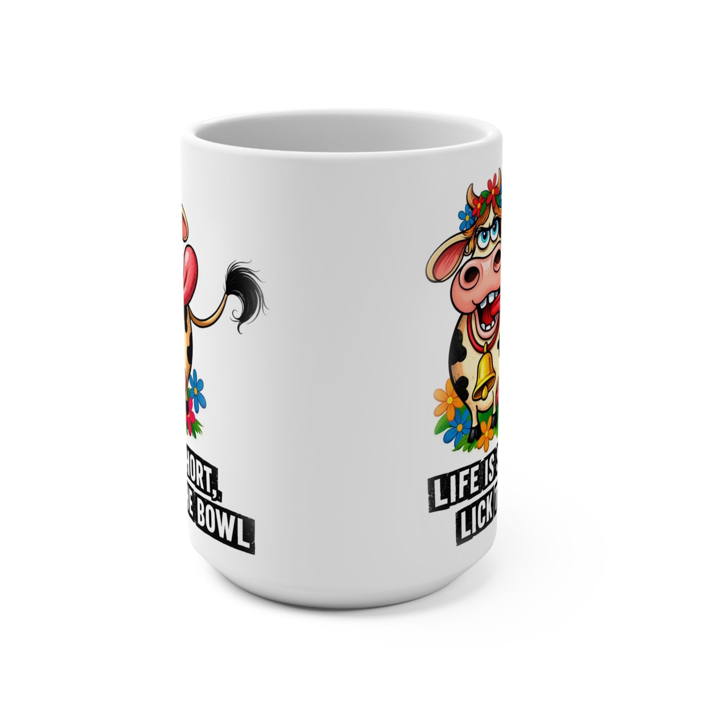 Cartoon cow illustration ceramic coffee mug with humor saying