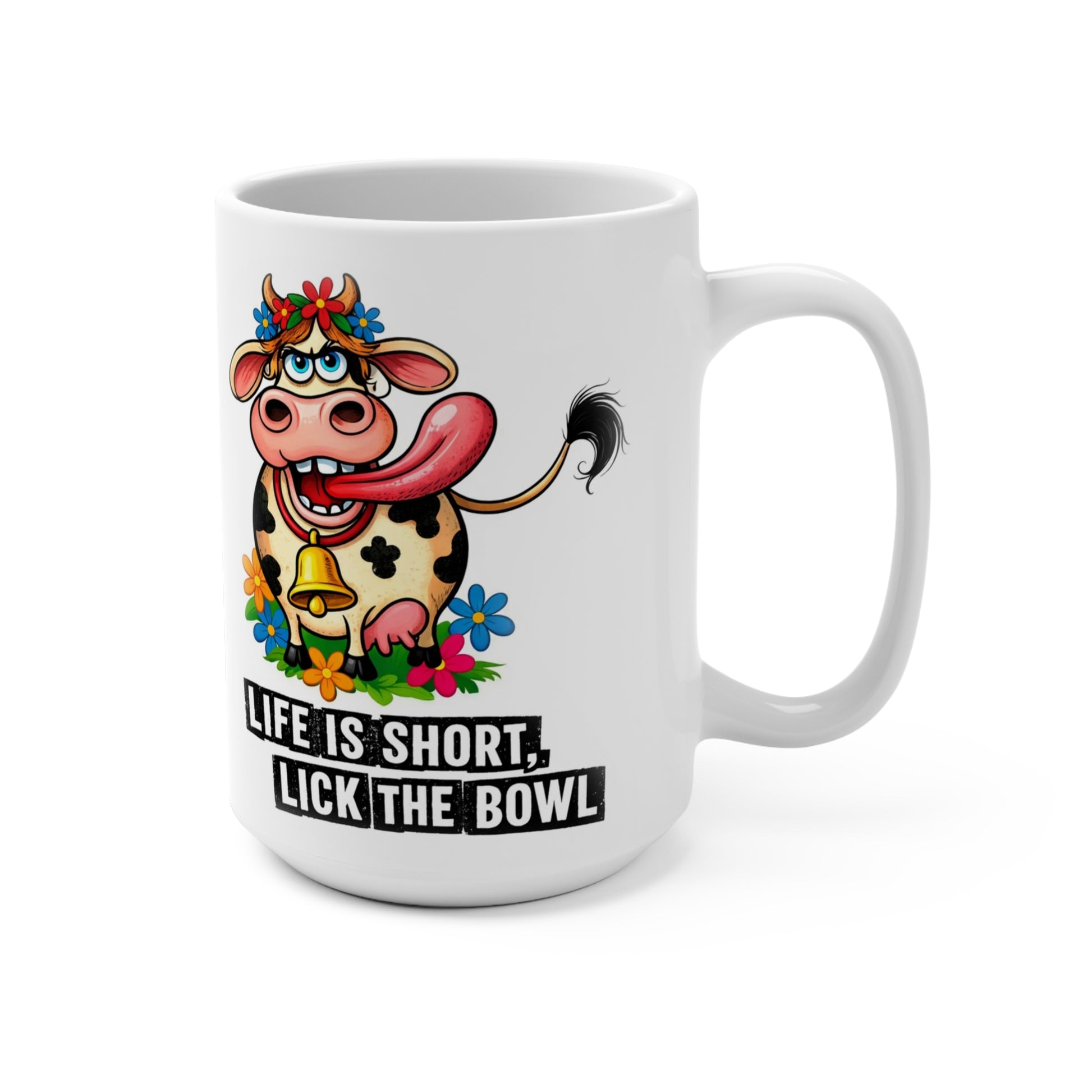 Farm animal humor coffee mug with colorful cow artwork