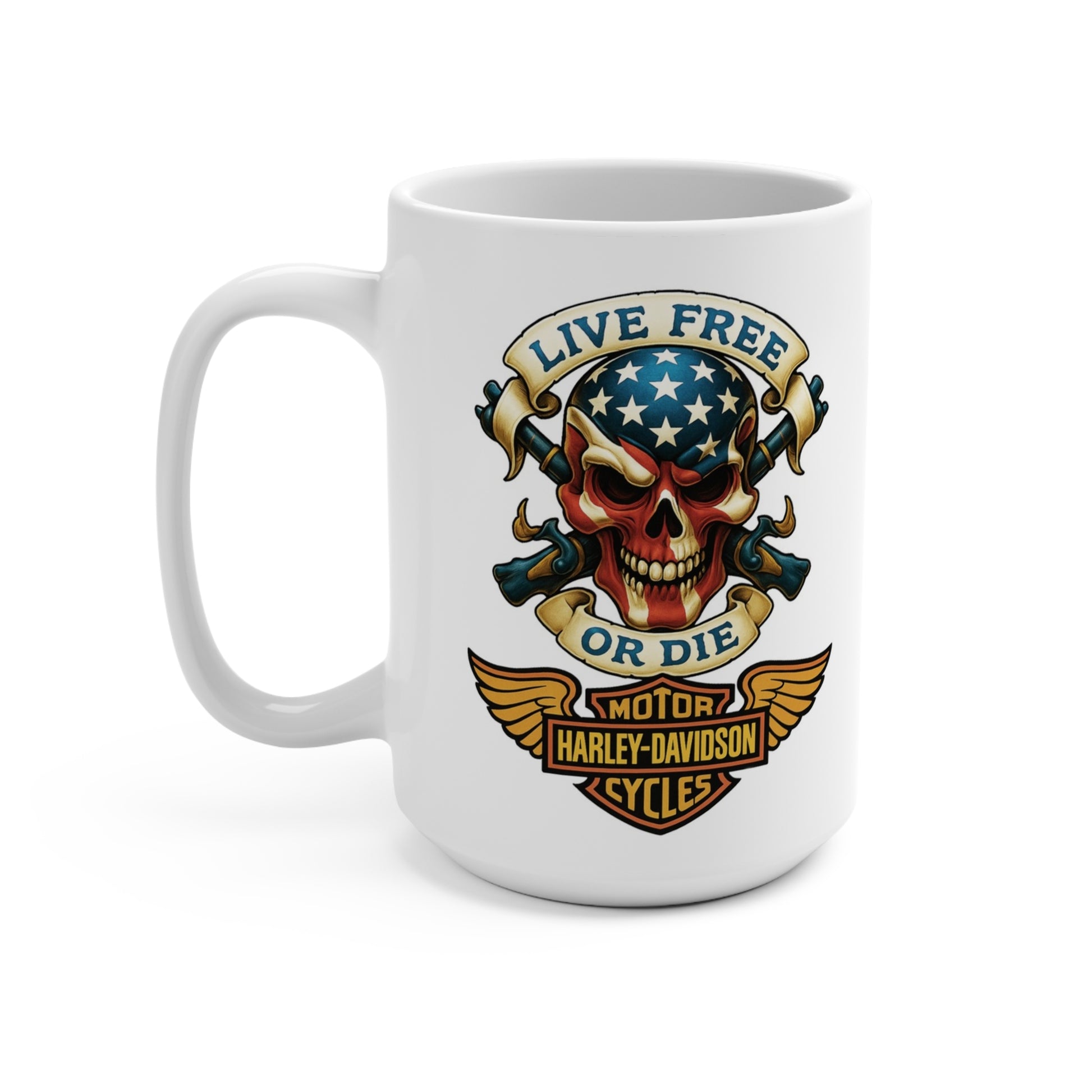 White mug with a skull design and 'Live Free or Die' text on a white background