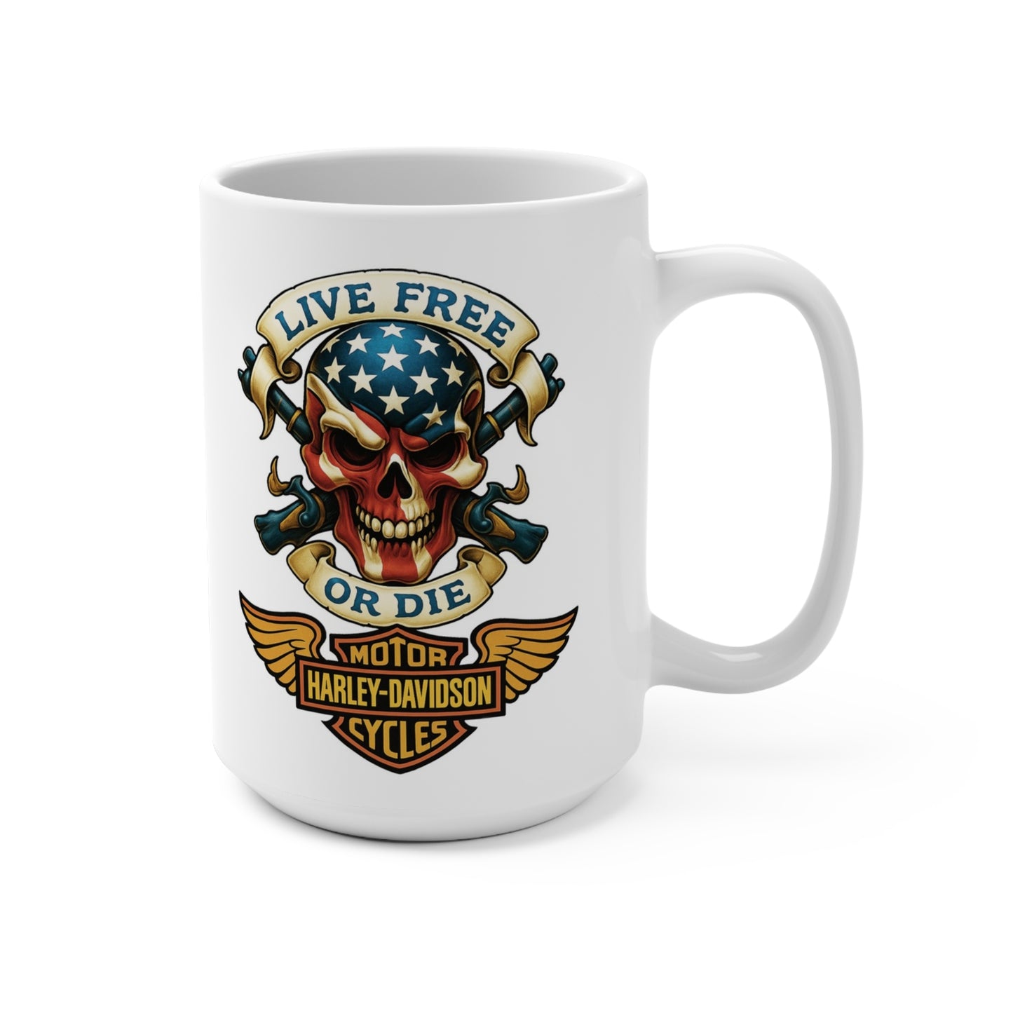 White mug with Harley-Davidson skull design and text on a white background