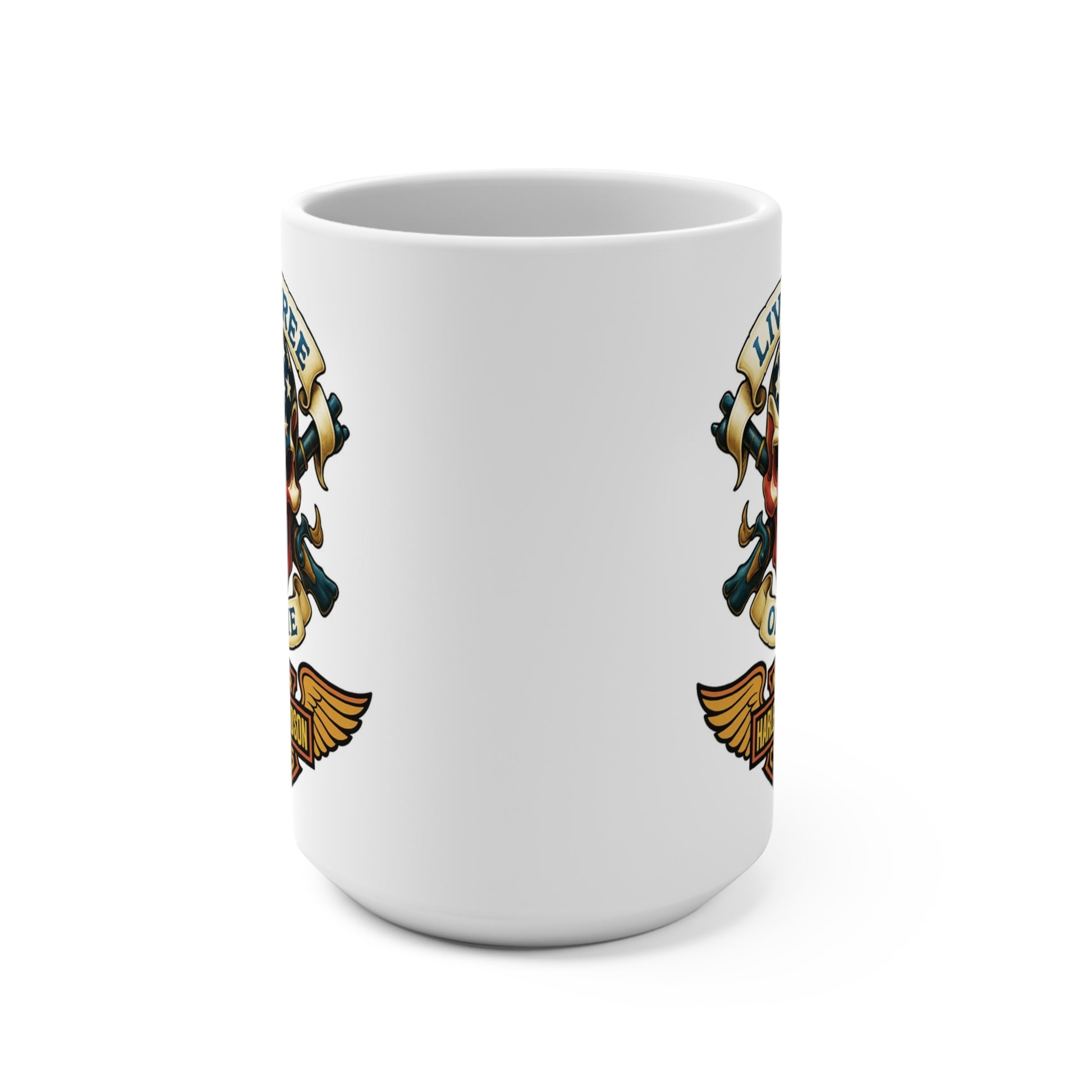 White mug with a colorful eagle design on a white background