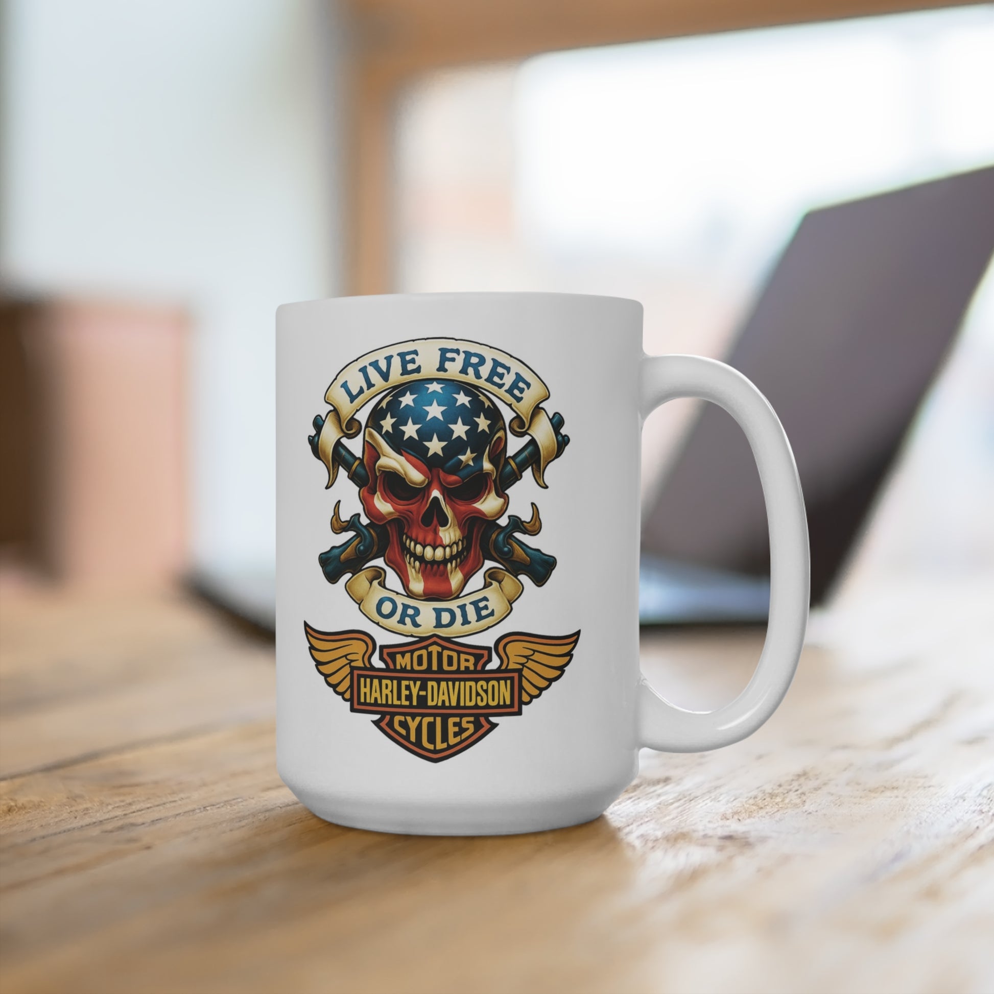 White mug with skull and crossbones design featuring American flag and 'Live Free or Die' text on a wooden surface.