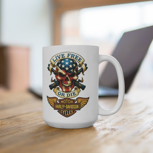 White mug with skull and crossbones design featuring American flag and 'Live Free or Die' text on a wooden surface.