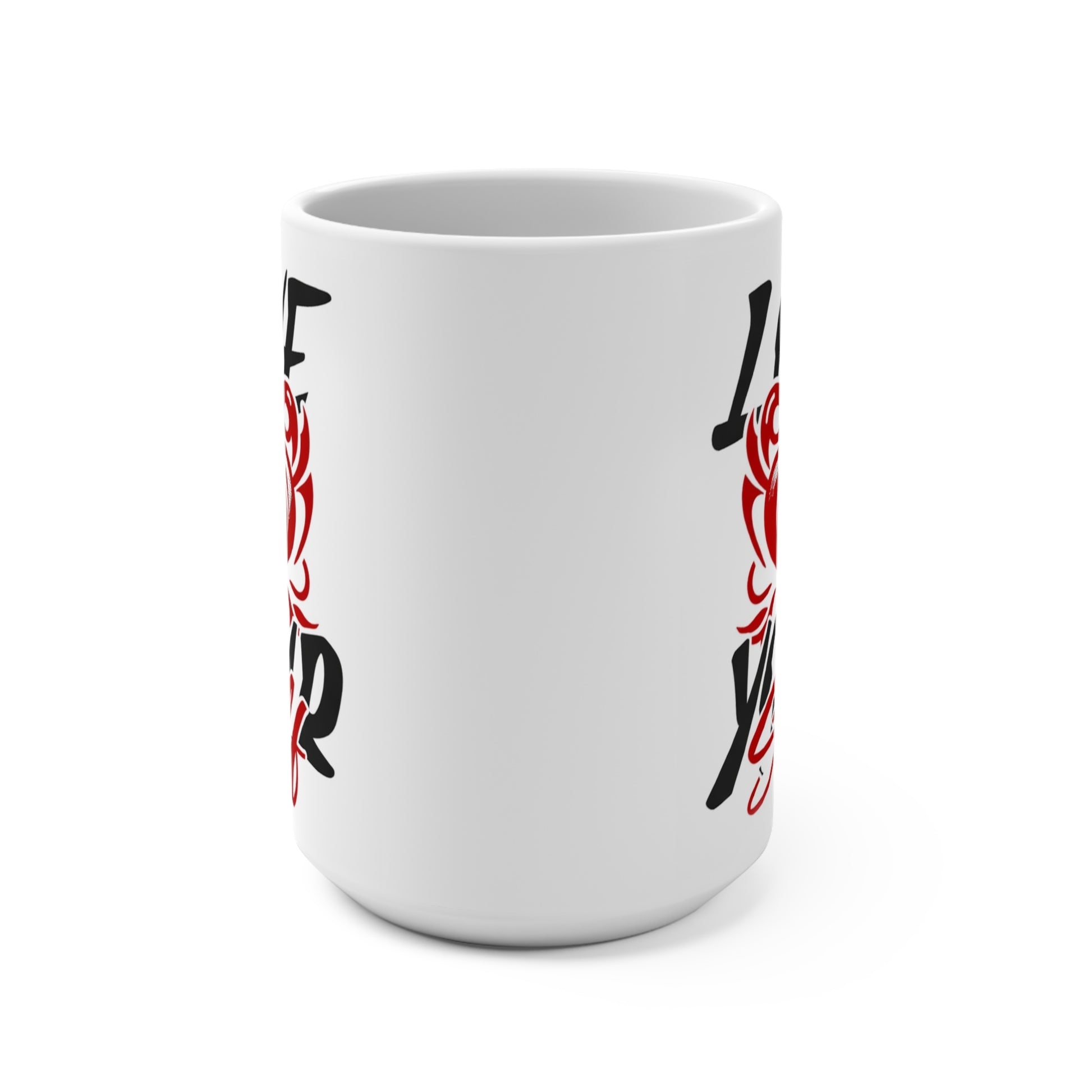 Love Your Self mug with striking red heart artwork. A meaningful 15 oz ceramic coffee cup for motivation, self-care, birthdays, or Valentine’s gifts.
