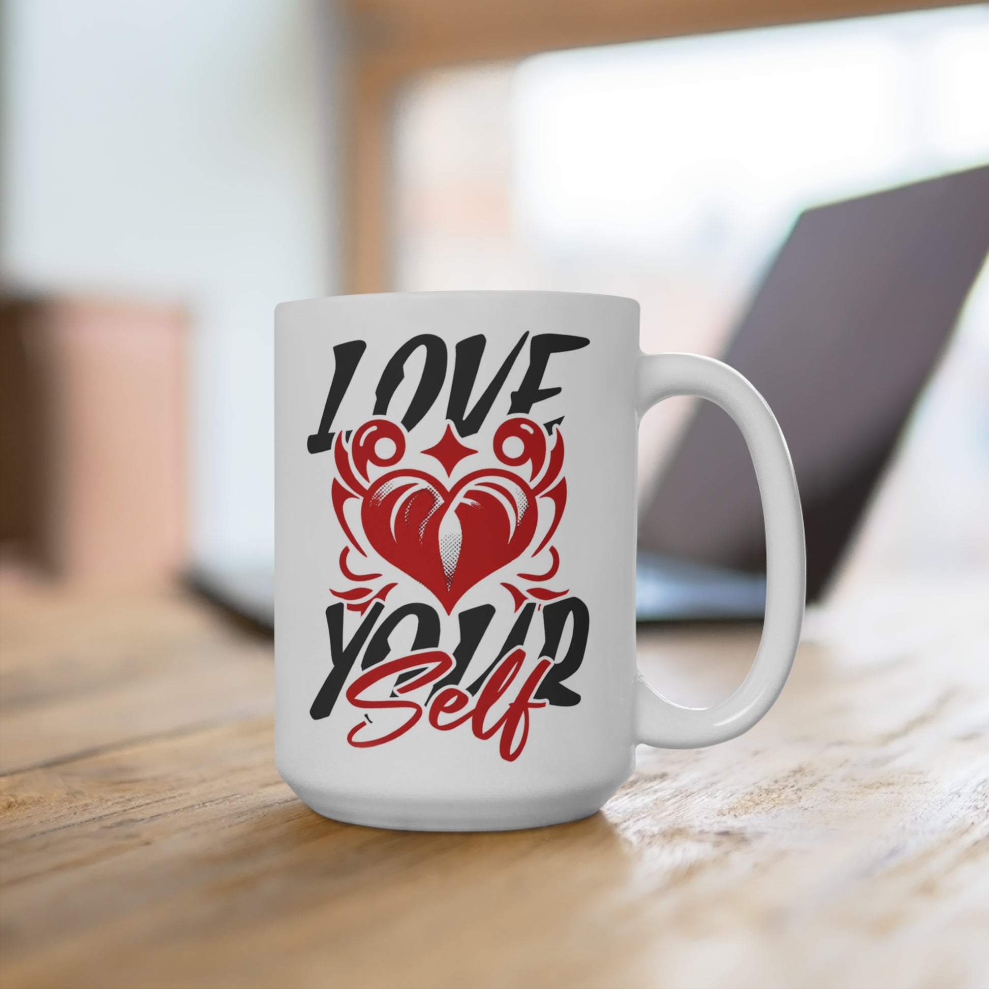 Love Your Self mug with striking red heart artwork. A meaningful 15 oz ceramic coffee cup for motivation, self-care, birthdays, or Valentine’s gifts.