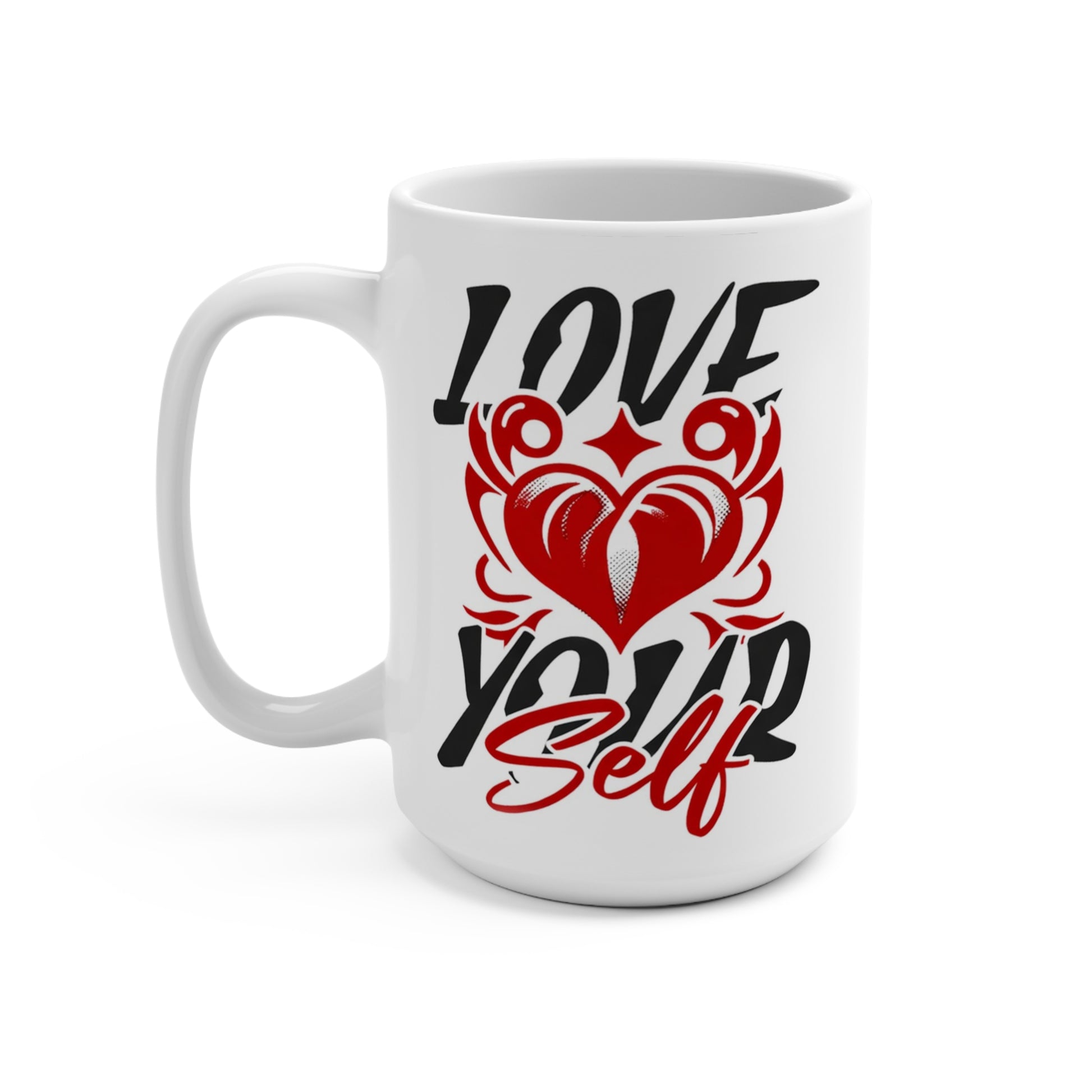 Love Your Self mug with striking red heart artwork. A meaningful 15 oz ceramic coffee cup for motivation, self-care, birthdays, or Valentine’s gifts.