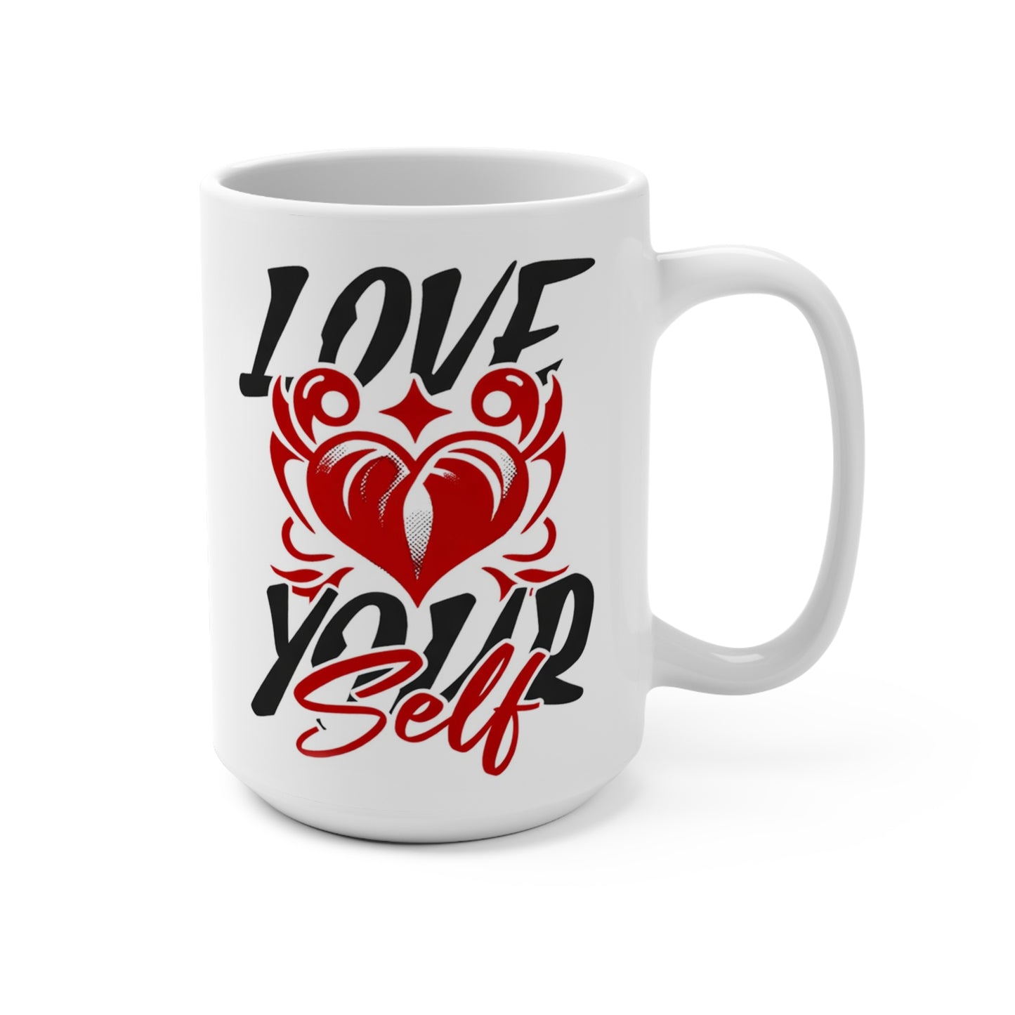 Love Your Self mug with striking red heart artwork. A meaningful 15 oz ceramic coffee cup for motivation, self-care, birthdays, or Valentine’s gifts.