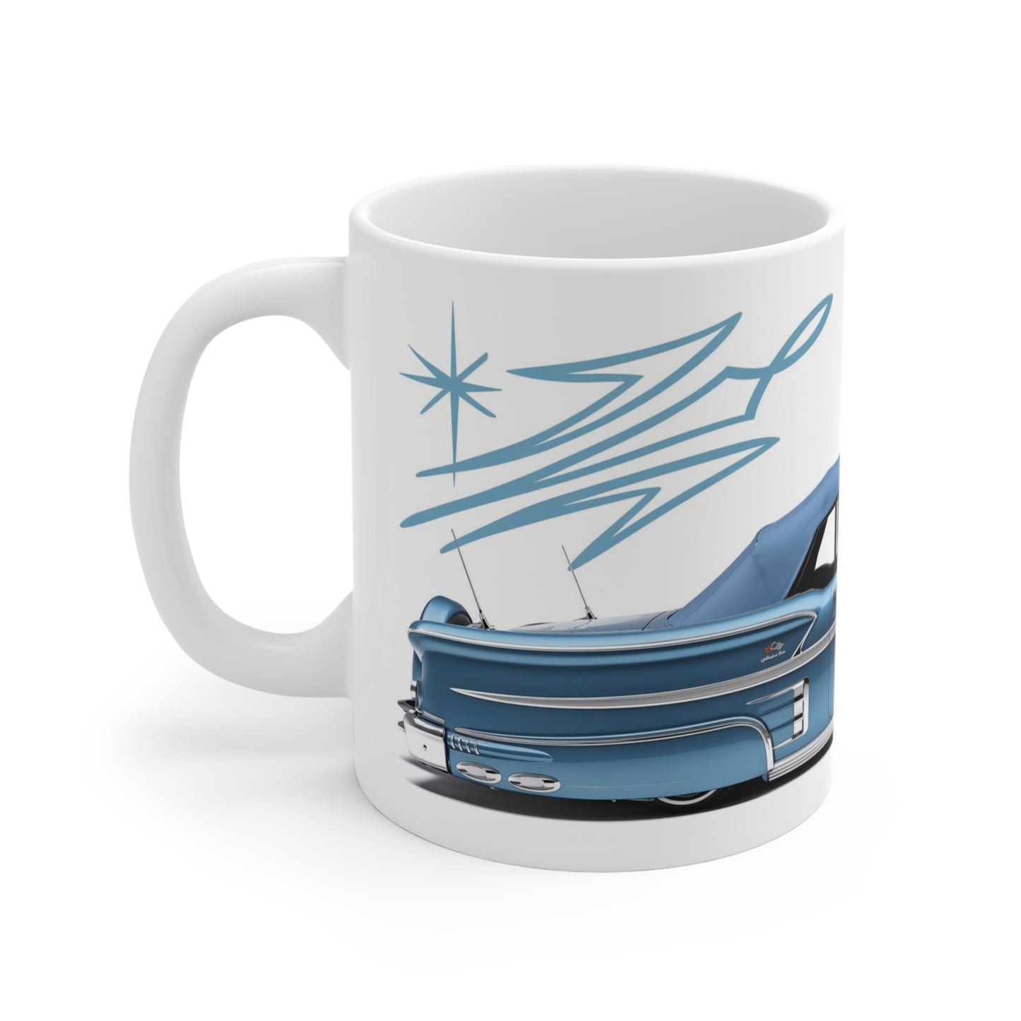 Classic car lover coffee mug featuring blue lowrider artwork