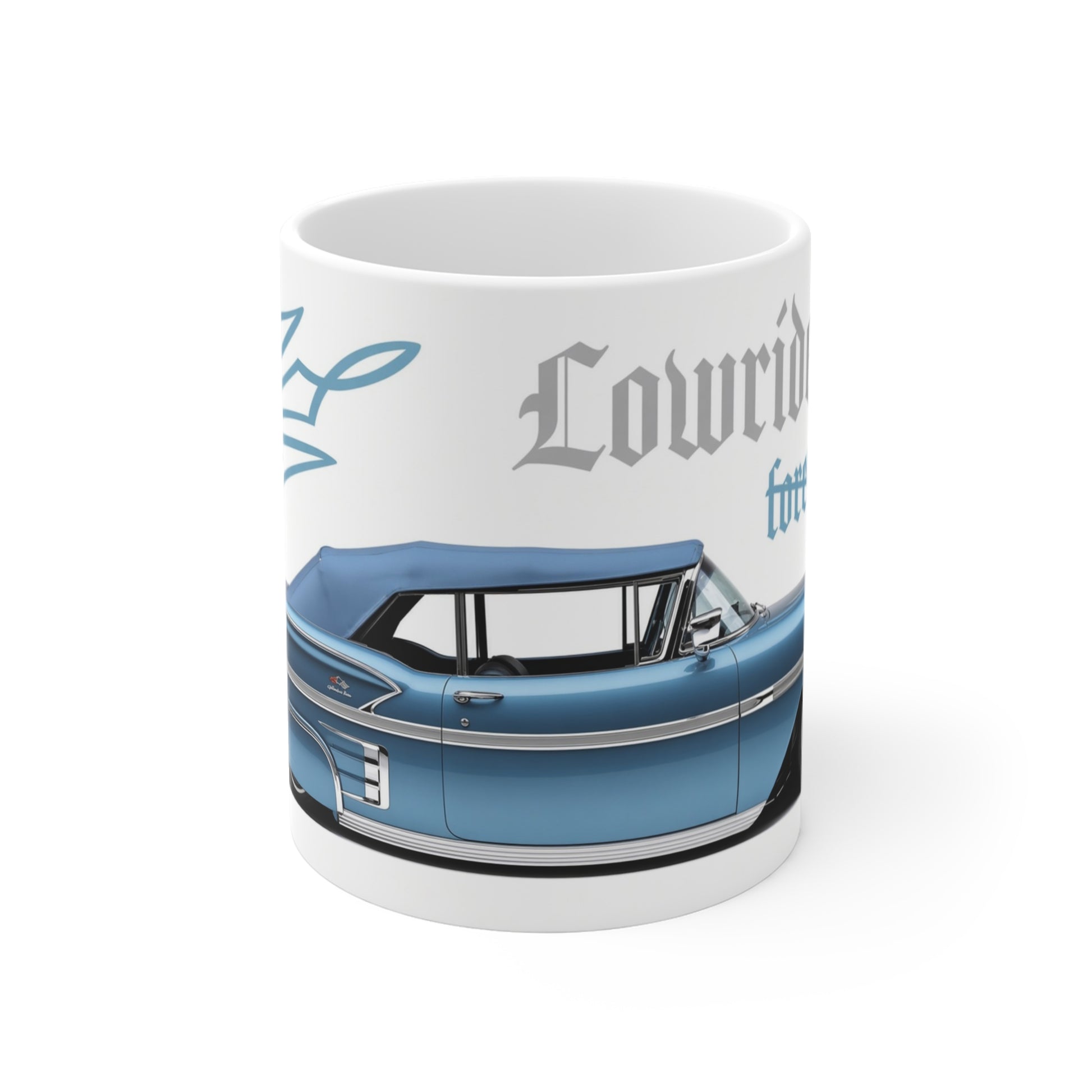 Blue lowrider-style car mug with vintage lettering and custom artwork
