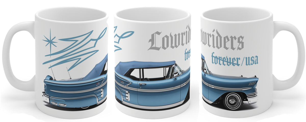 Lowriders Forever USA blue classic lowrider car 15 oz coffee mug