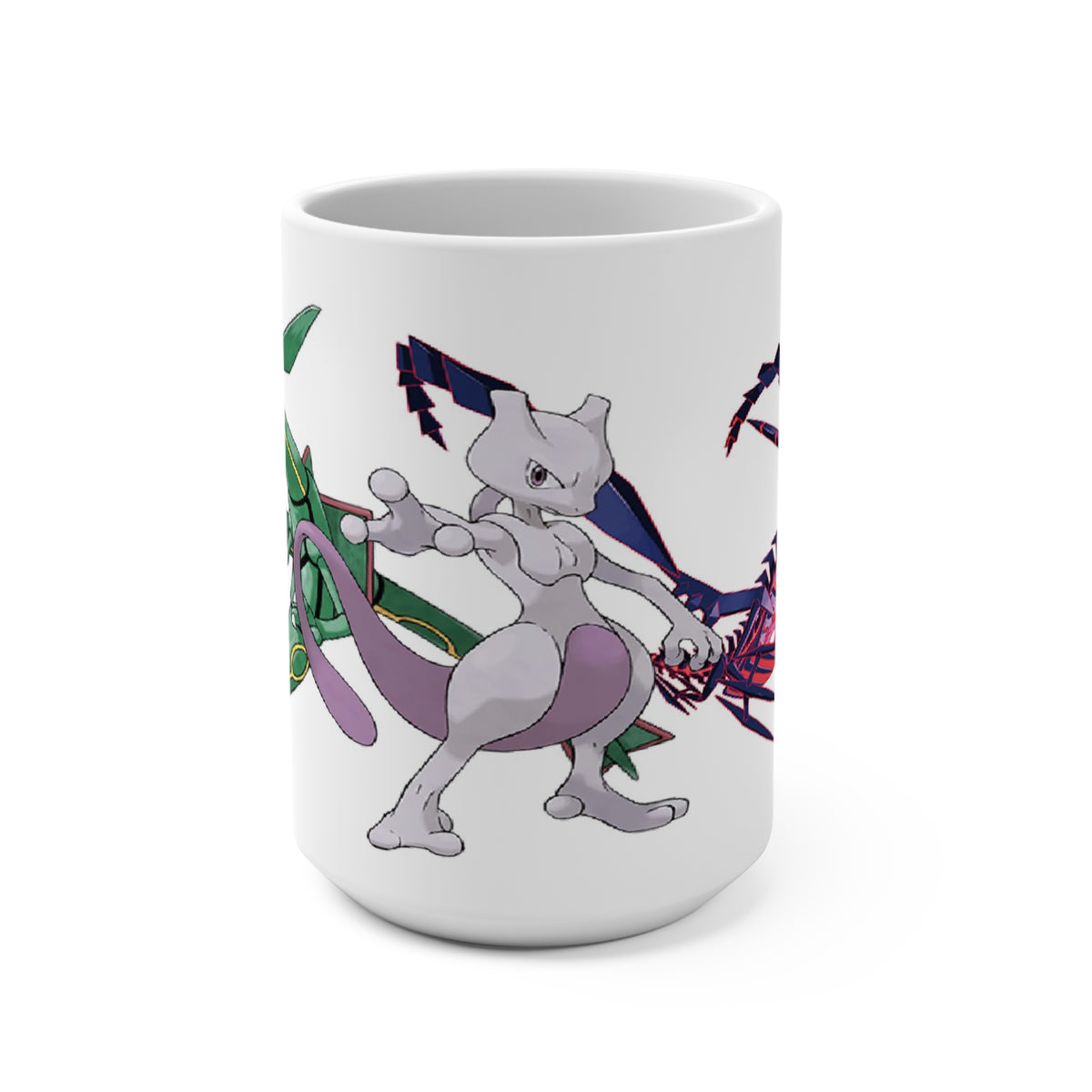 White ceramic Pokémon mug with Mewtwo centered in front of green Rayquaza and red-and-navy Eternatus artwork.
